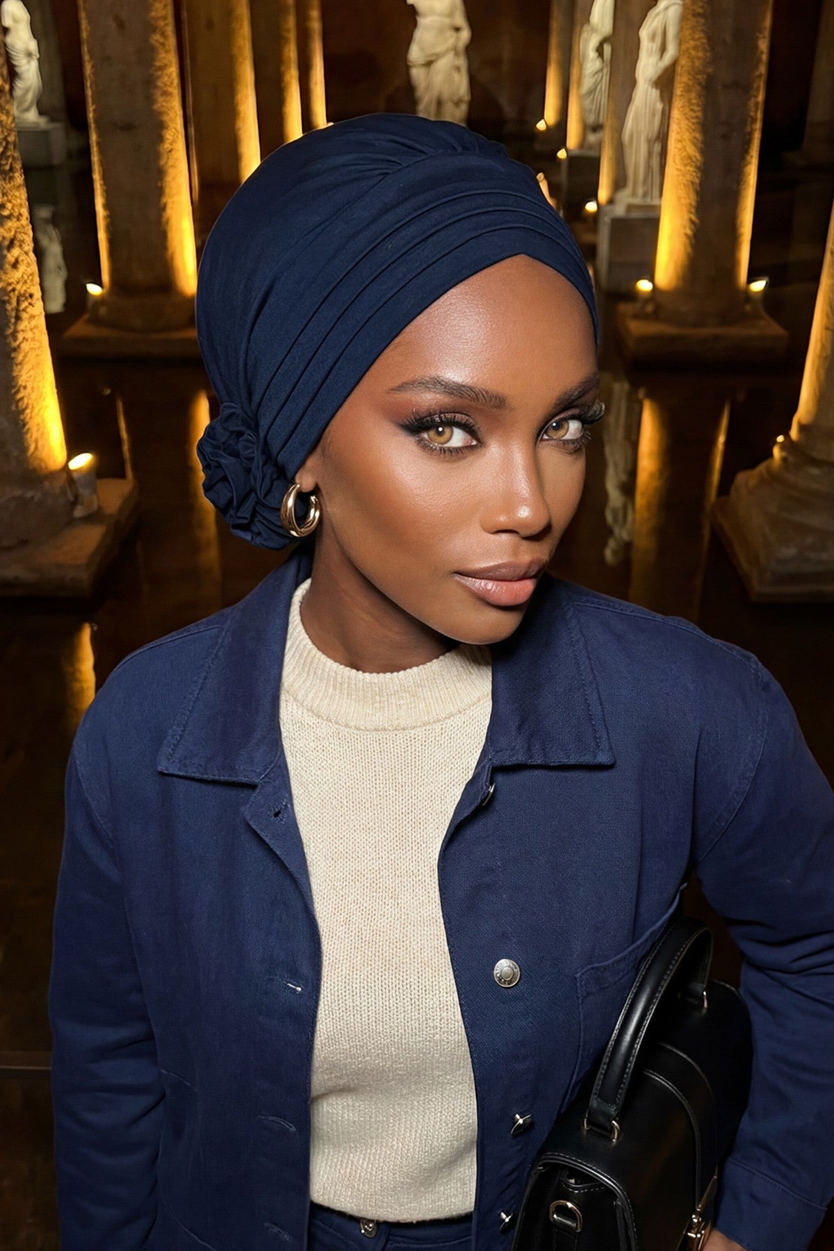 Pleated Instant Turban made from High Quality Combed Cotton, Comfortable Pre-Tied Turban Hijab, Flexible Chemo Cancer Bonnet Headwear,B-74 Navy Blue