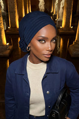 Pleated Instant Turban made from High Quality Combed Cotton, Comfortable Pre-Tied Turban Hijab, Flexible Chemo Cancer Bonnet Headwear,B-74 Navy Blue