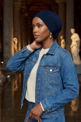 Pleated Instant Turban made from High Quality Combed Cotton, Comfortable Pre-Tied Turban Hijab, Flexible Chemo Cancer Bonnet Headwear,B-74 Navy Blue