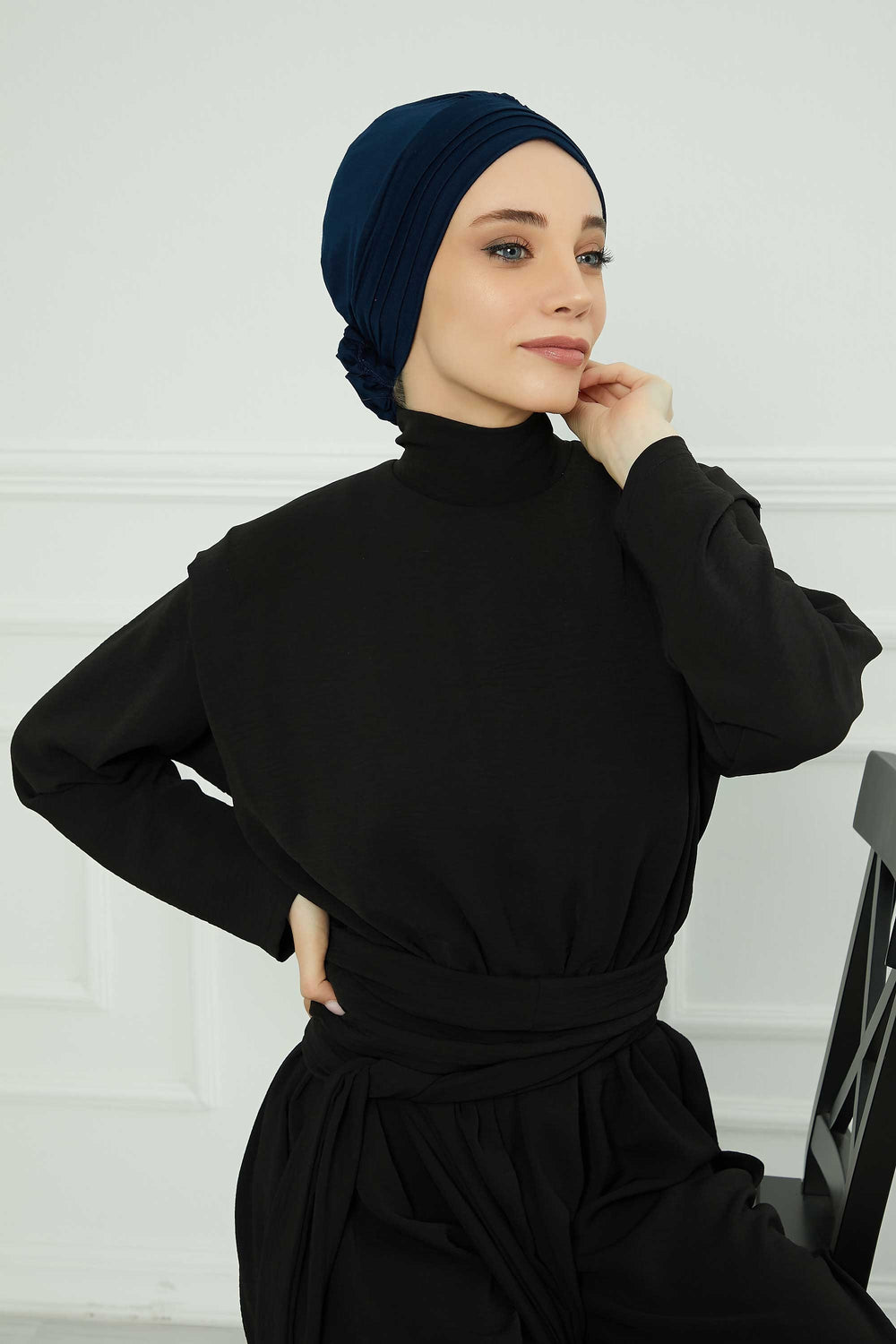 Pleated Instant Turban made from High Quality Combed Cotton, Comfortable Pre-Tied Turban Hijab, Flexible Chemo Cancer Bonnet Headwear,B-74 Navy Blue