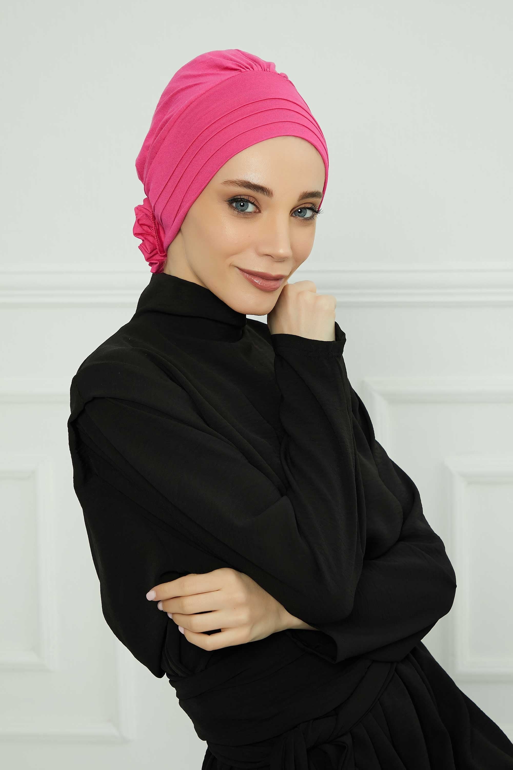 Pleated Instant Turban made from High Quality Combed Cotton, Comfortable Pre-Tied Turban Hijab, Flexible Chemo Cancer Bonnet Headwear,B-74 Fuchsia
