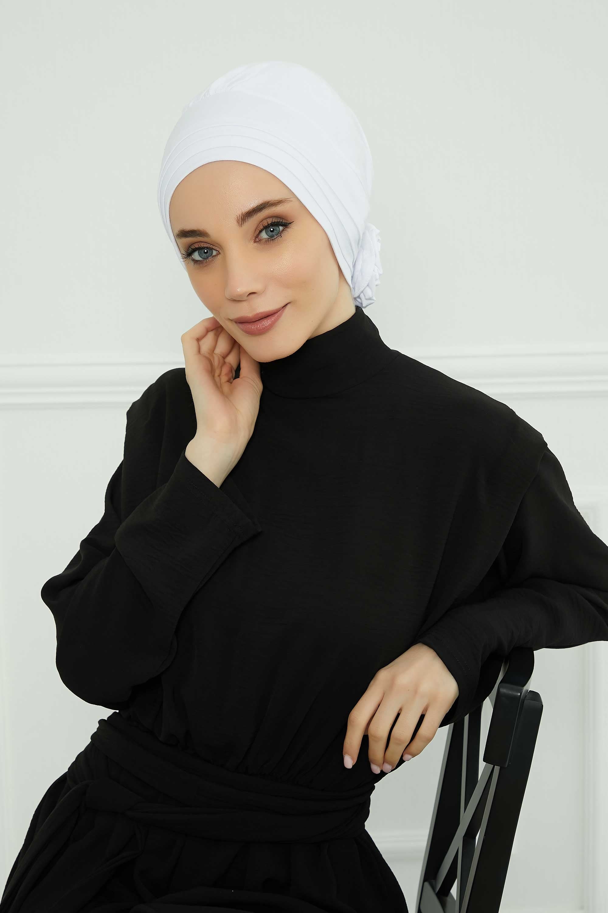 Pleated Instant Turban made from High Quality Combed Cotton, Comfortable Pre-Tied Turban Hijab, Flexible Chemo Cancer Bonnet Headwear,B-74 White