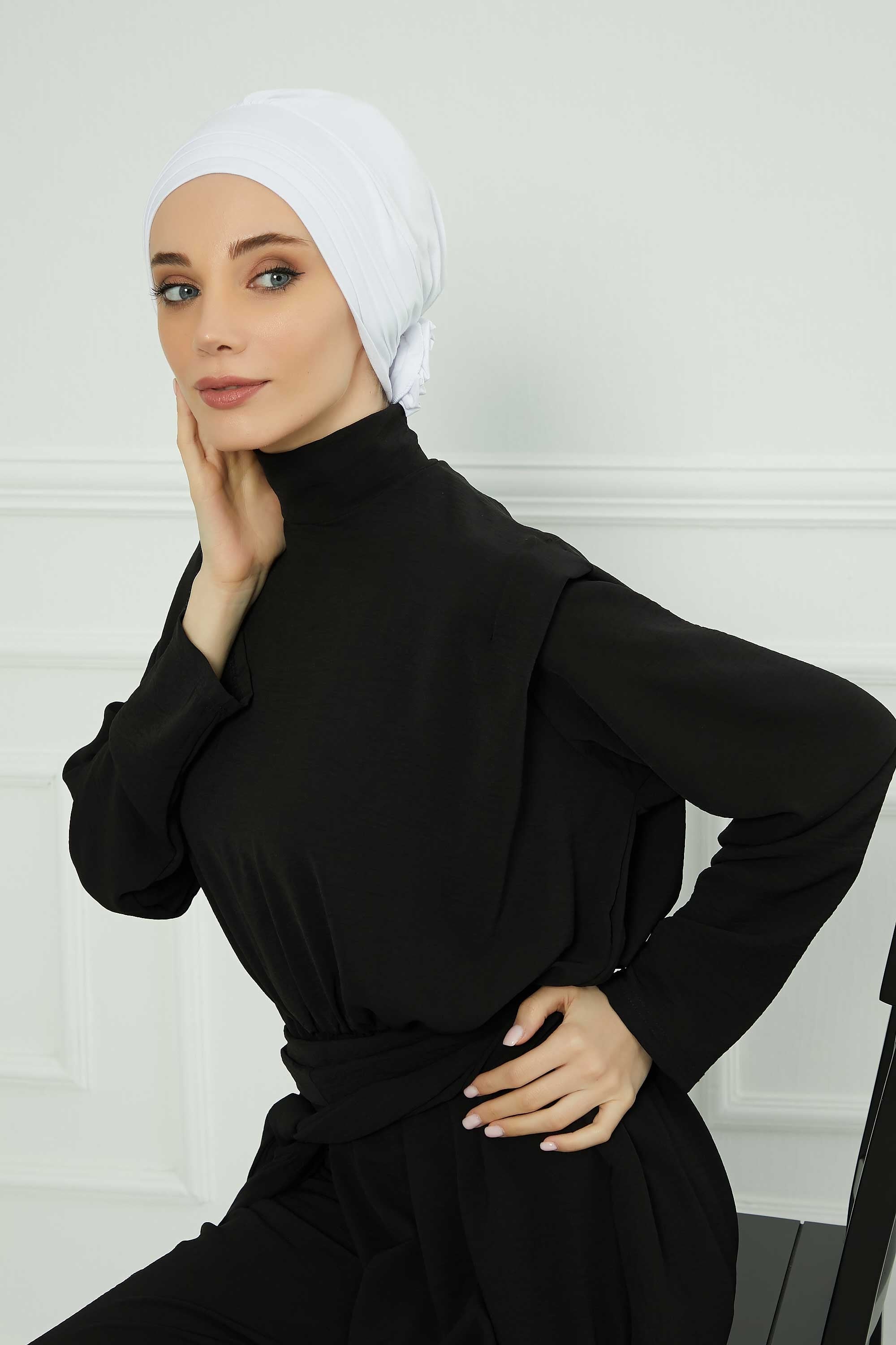 Pleated Instant Turban made from High Quality Combed Cotton, Comfortable Pre-Tied Turban Hijab, Flexible Chemo Cancer Bonnet Headwear,B-74 White