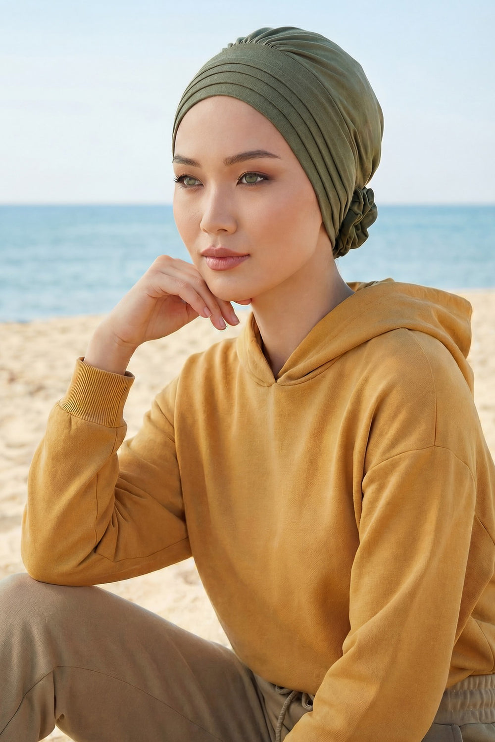 Pleated Instant Turban made from High Quality Combed Cotton, Comfortable Pre-Tied Turban Hijab, Flexible Chemo Cancer Bonnet Headwear,B-74 Army Green