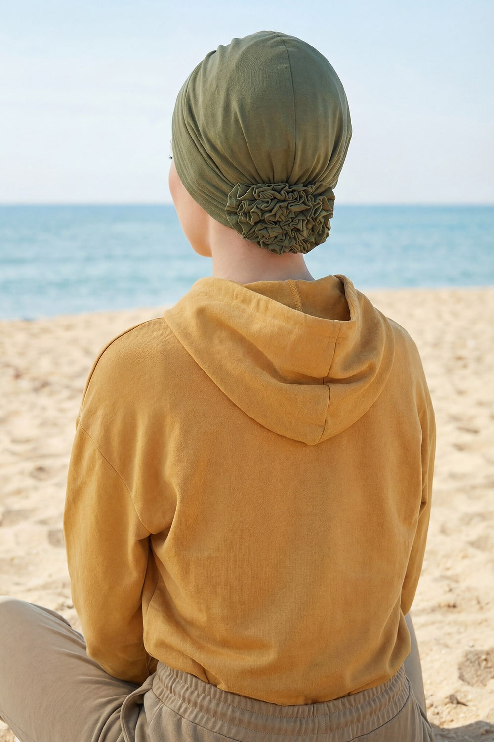 Pleated Instant Turban made from High Quality Combed Cotton, Comfortable Pre-Tied Turban Hijab, Flexible Chemo Cancer Bonnet Headwear,B-74 Army Green