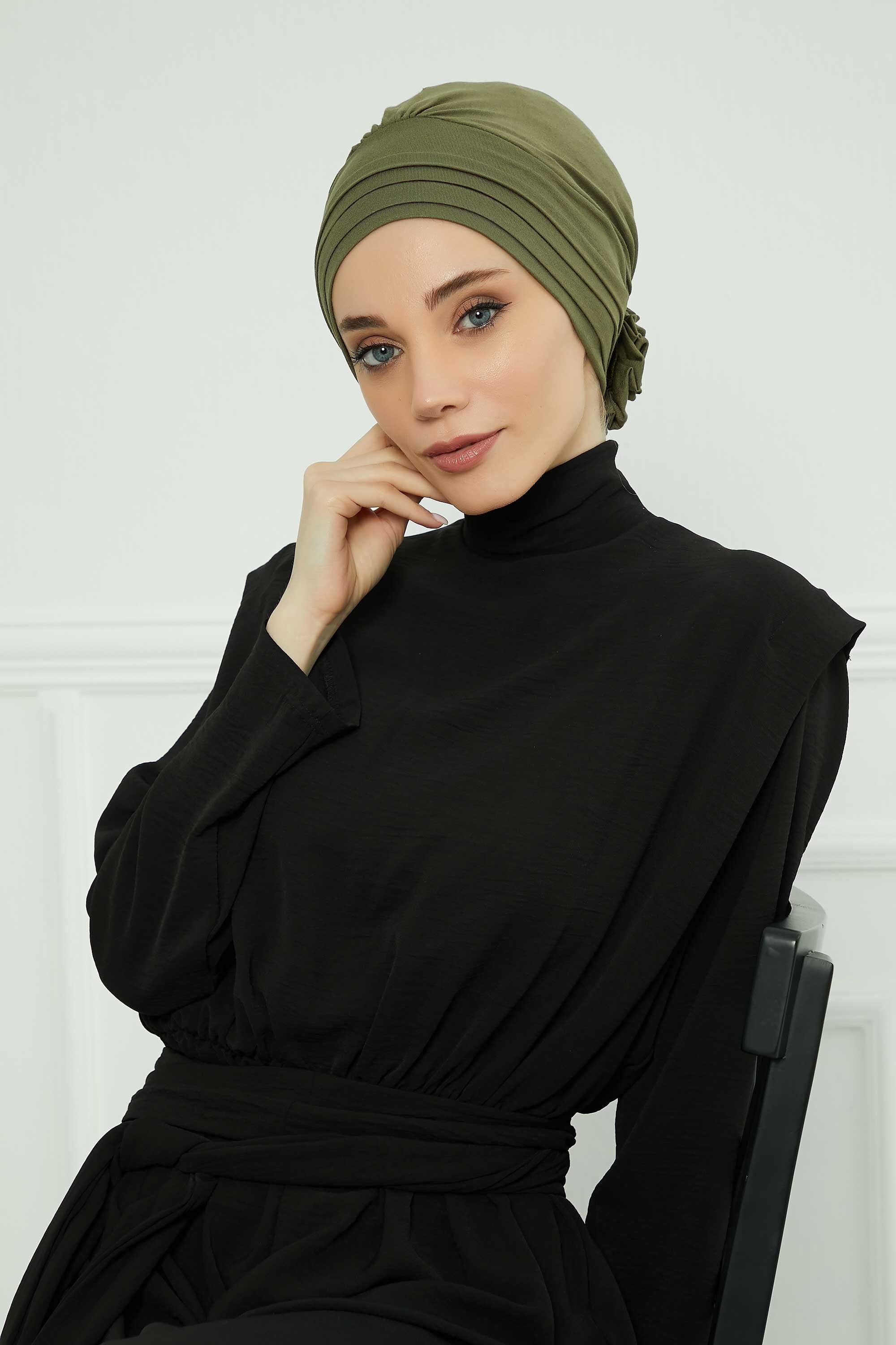 Pleated Instant Turban made from High Quality Combed Cotton, Comfortable Pre-Tied Turban Hijab, Flexible Chemo Cancer Bonnet Headwear,B-74 Army Green