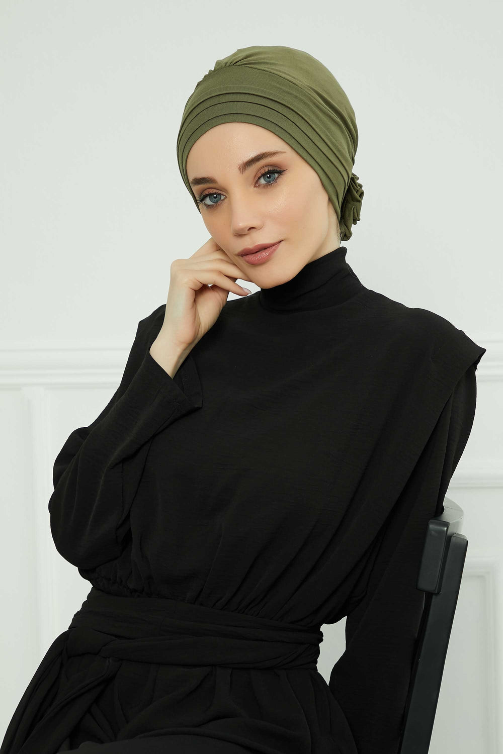Pleated Instant Turban made from High Quality Combed Cotton, Comfortable Pre-Tied Turban Hijab, Flexible Chemo Cancer Bonnet Headwear,B-74 Army Green