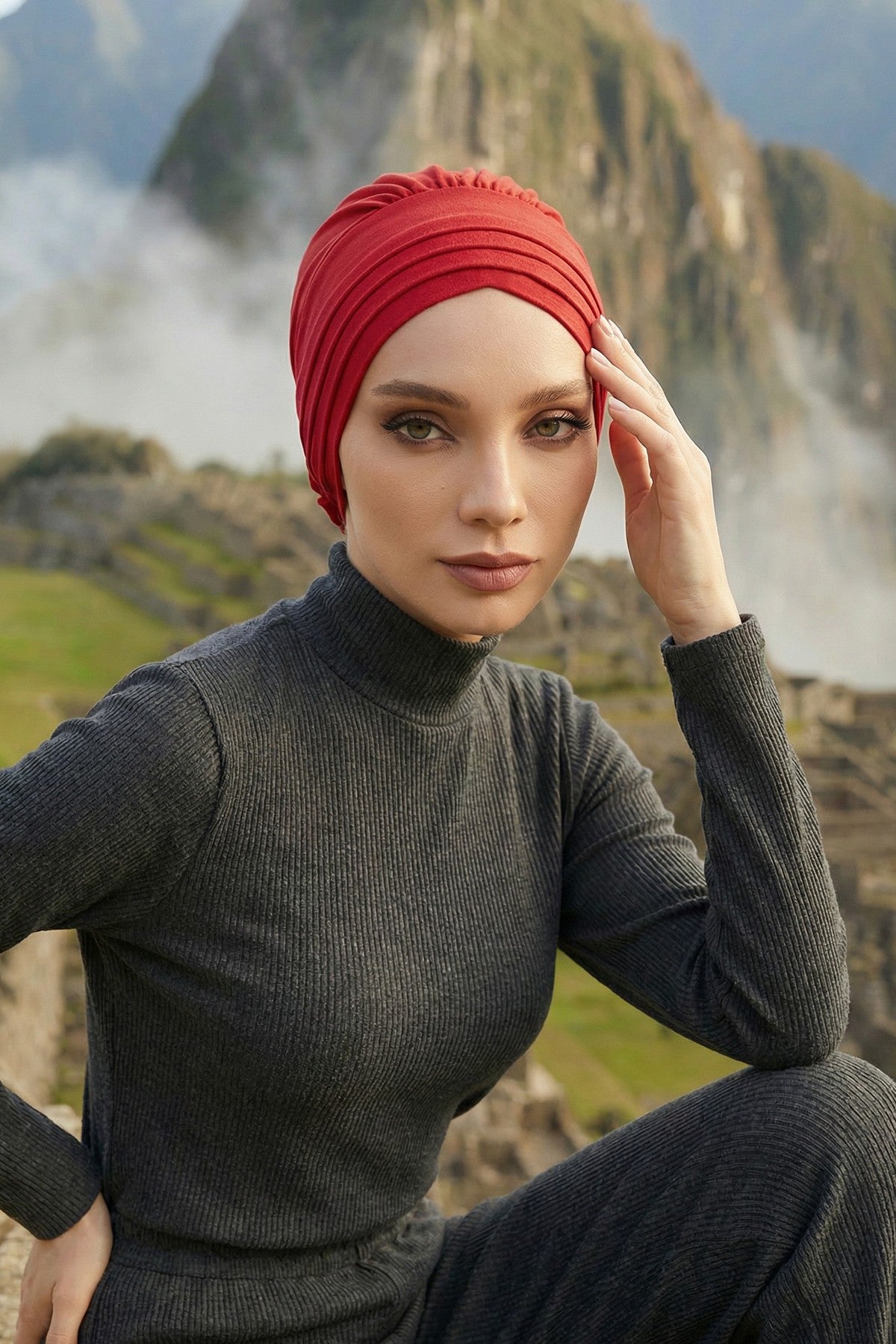 Pleated Instant Turban made from High Quality Combed Cotton, Comfortable Pre-Tied Turban Hijab, Flexible Chemo Cancer Bonnet Headwear,B-74 Red