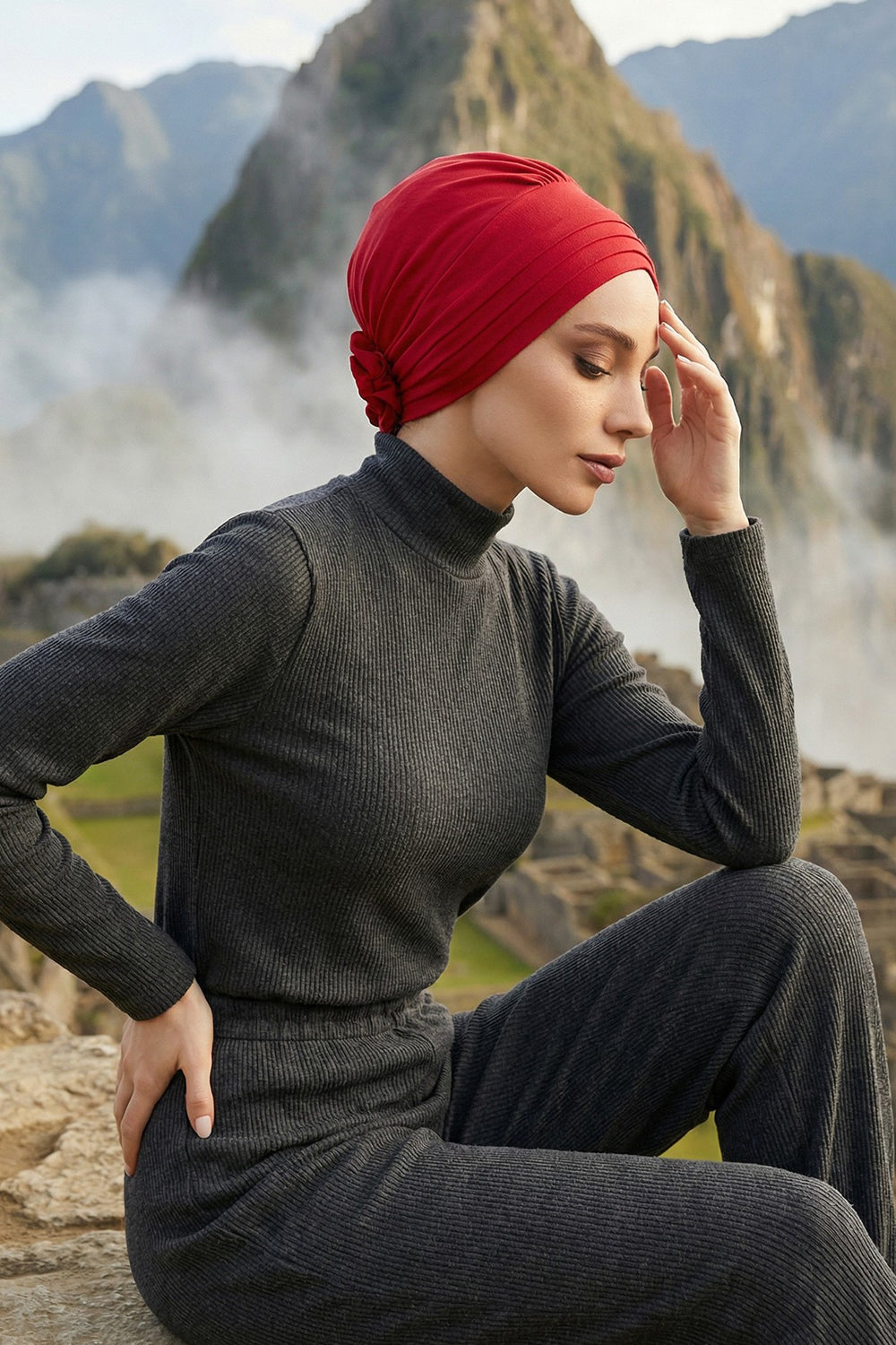 Pleated Instant Turban made from High Quality Combed Cotton, Comfortable Pre-Tied Turban Hijab, Flexible Chemo Cancer Bonnet Headwear,B-74 Red