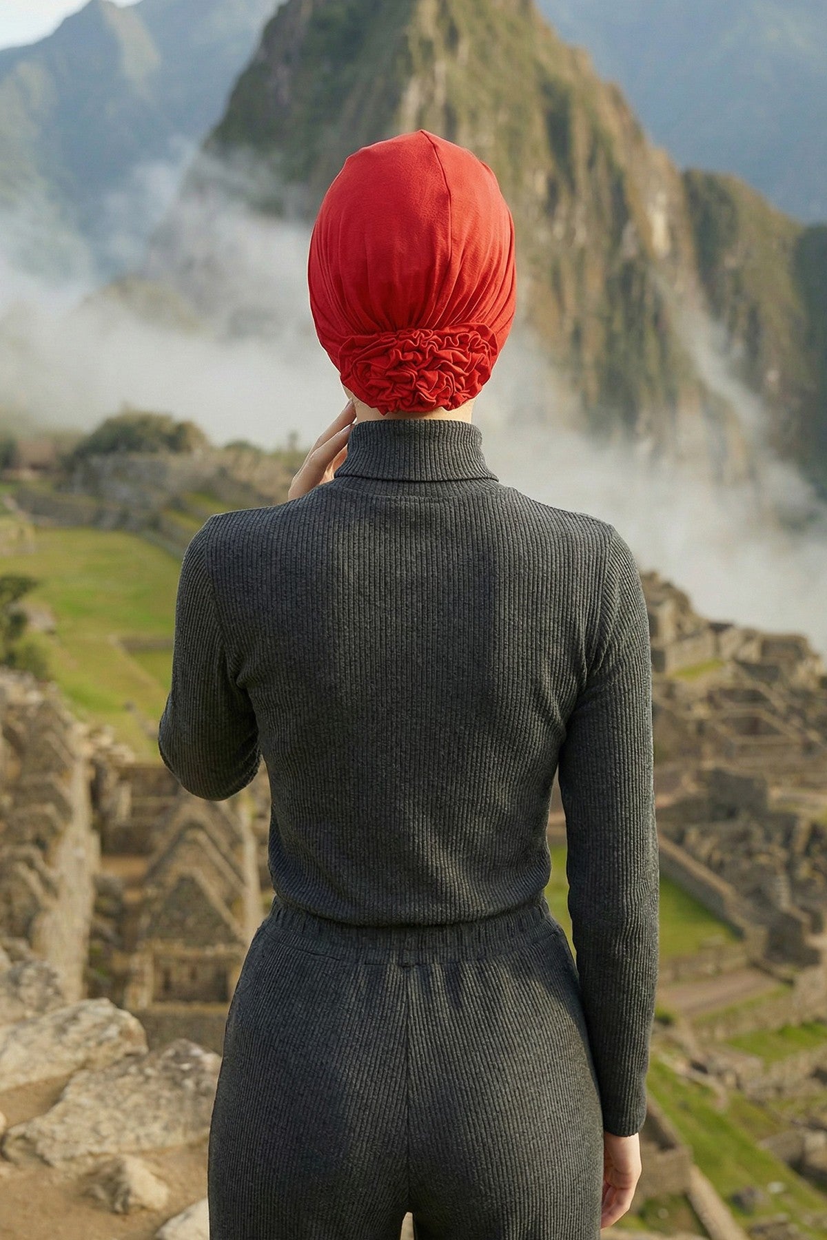 Pleated Instant Turban made from High Quality Combed Cotton, Comfortable Pre-Tied Turban Hijab, Flexible Chemo Cancer Bonnet Headwear,B-74 Red