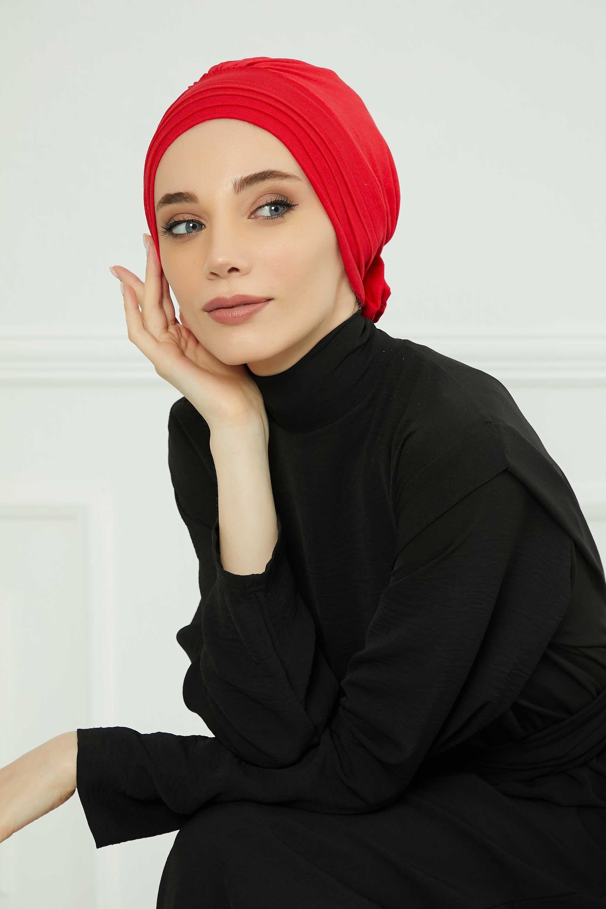 Pleated Instant Turban made from High Quality Combed Cotton, Comfortable Pre-Tied Turban Hijab, Flexible Chemo Cancer Bonnet Headwear,B-74 Red