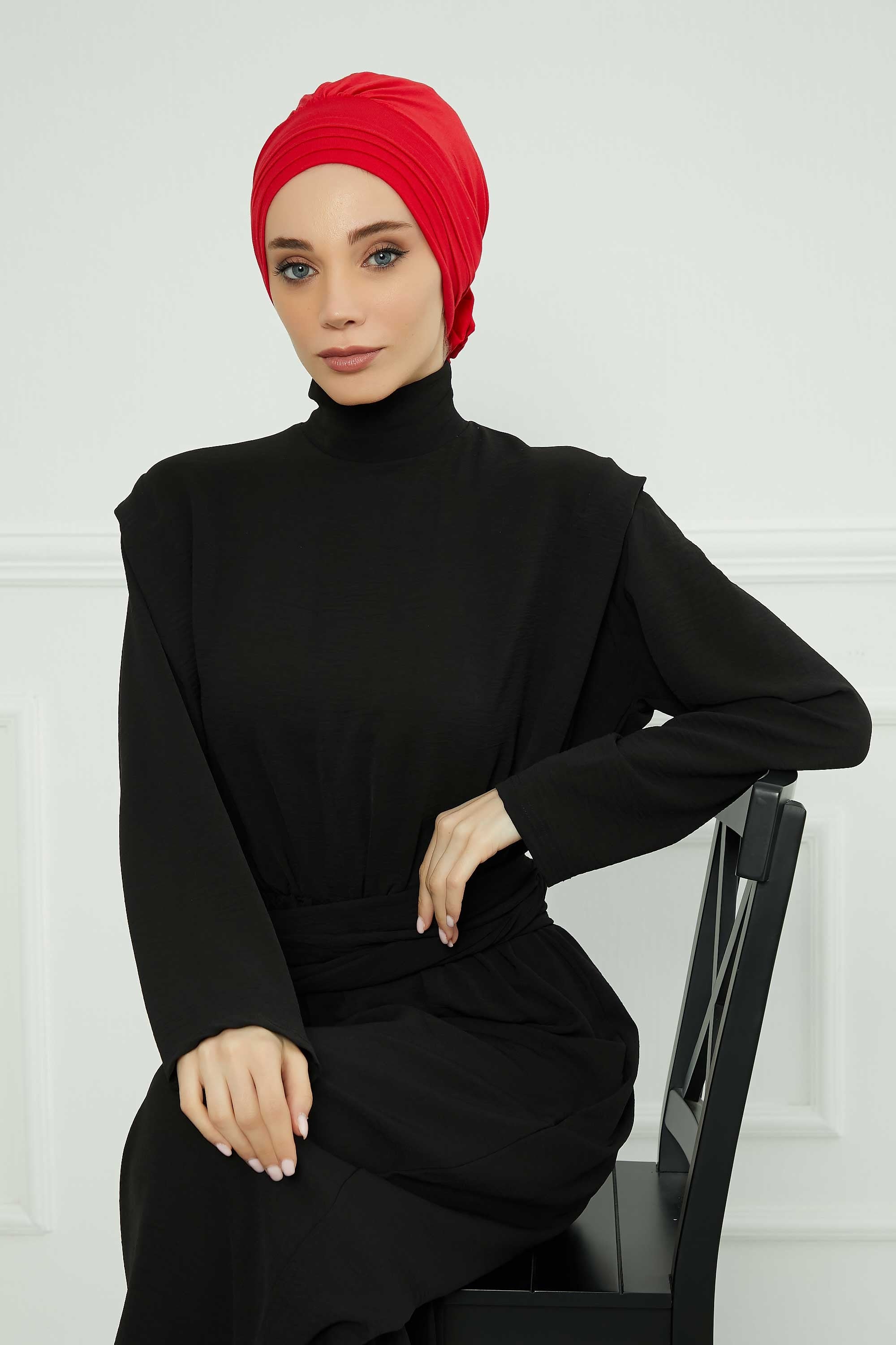 Pleated Instant Turban made from High Quality Combed Cotton, Comfortable Pre-Tied Turban Hijab, Flexible Chemo Cancer Bonnet Headwear,B-74 Red