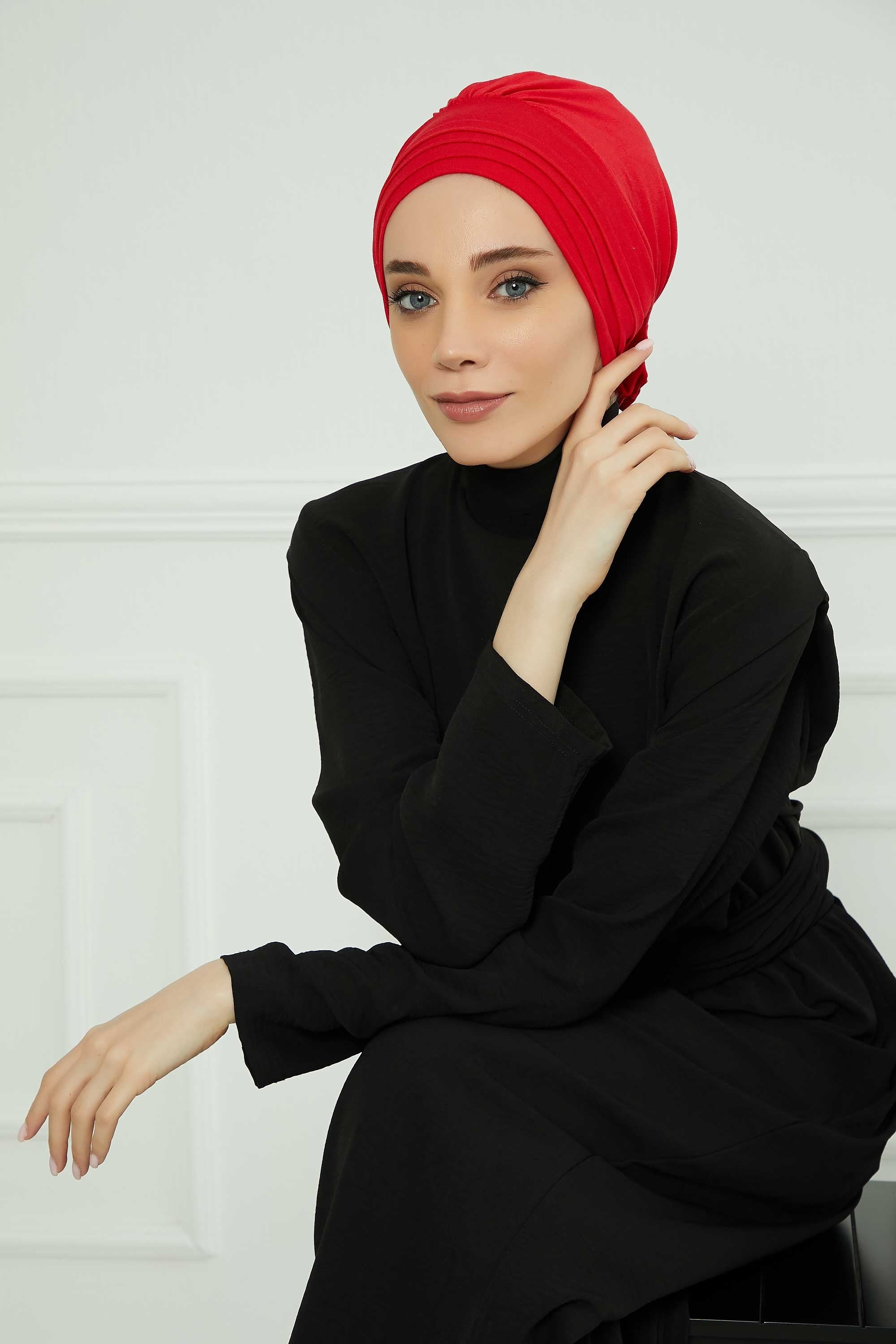 Pleated Instant Turban made from High Quality Combed Cotton, Comfortable Pre-Tied Turban Hijab, Flexible Chemo Cancer Bonnet Headwear,B-74 Red