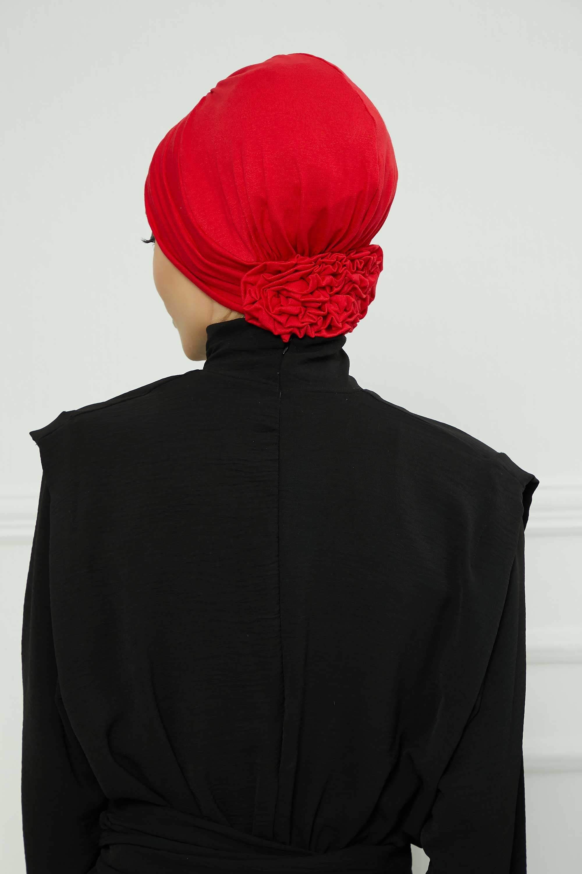 Pleated Instant Turban made from High Quality Combed Cotton, Comfortable Pre-Tied Turban Hijab, Flexible Chemo Cancer Bonnet Headwear,B-74 Red