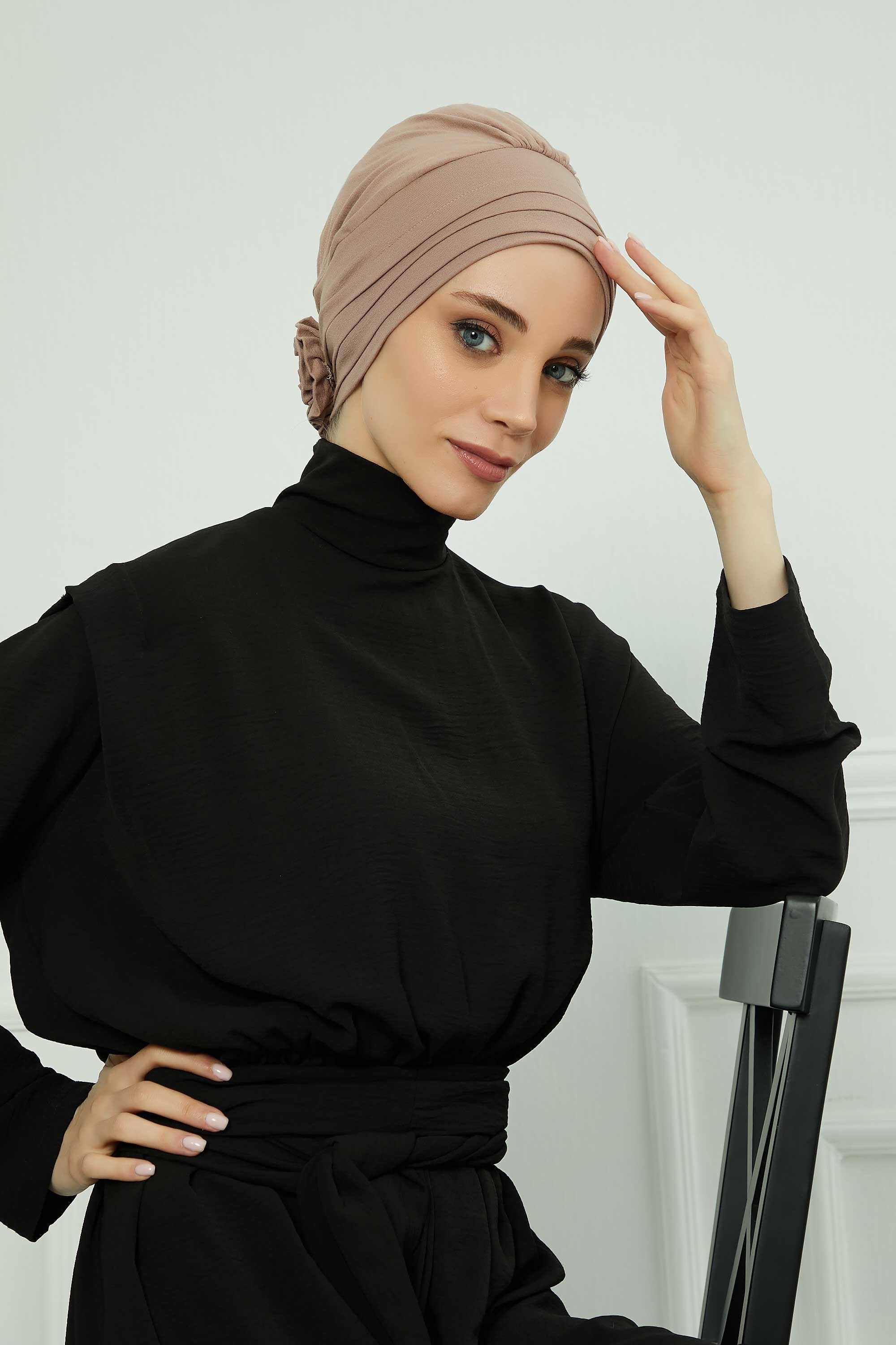 Pleated Instant Turban made from High Quality Combed Cotton, Comfortable Pre-Tied Turban Hijab, Flexible Chemo Cancer Bonnet Headwear,B-74 Mink