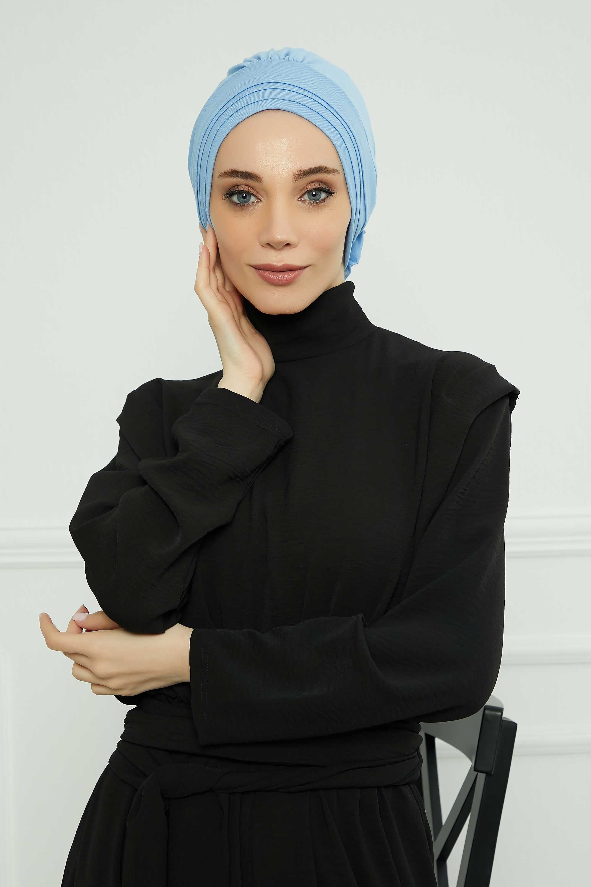 Pleated Instant Turban made from High Quality Combed Cotton, Comfortable Pre-Tied Turban Hijab, Flexible Chemo Cancer Bonnet Headwear,B-74 Blue