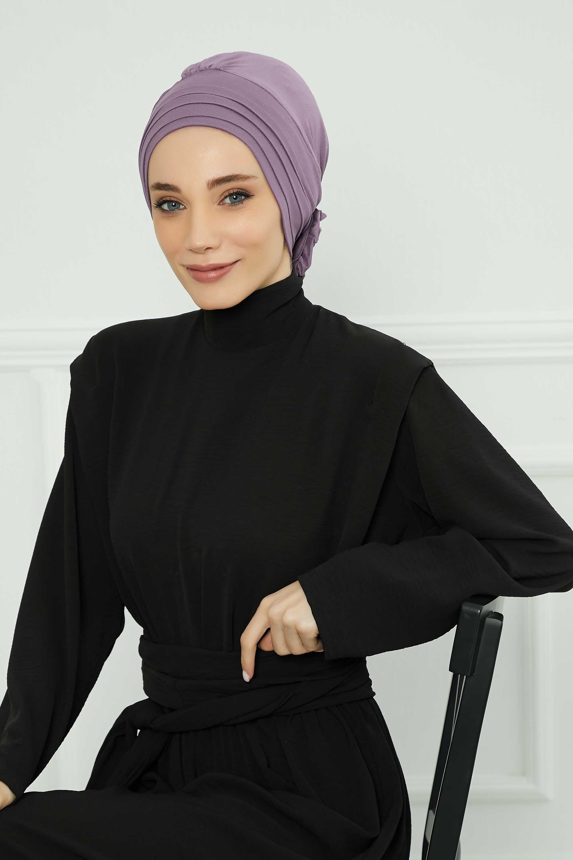 Pleated Instant Turban made from High Quality Combed Cotton, Comfortable Pre-Tied Turban Hijab, Flexible Chemo Cancer Bonnet Headwear,B-74 Lilac