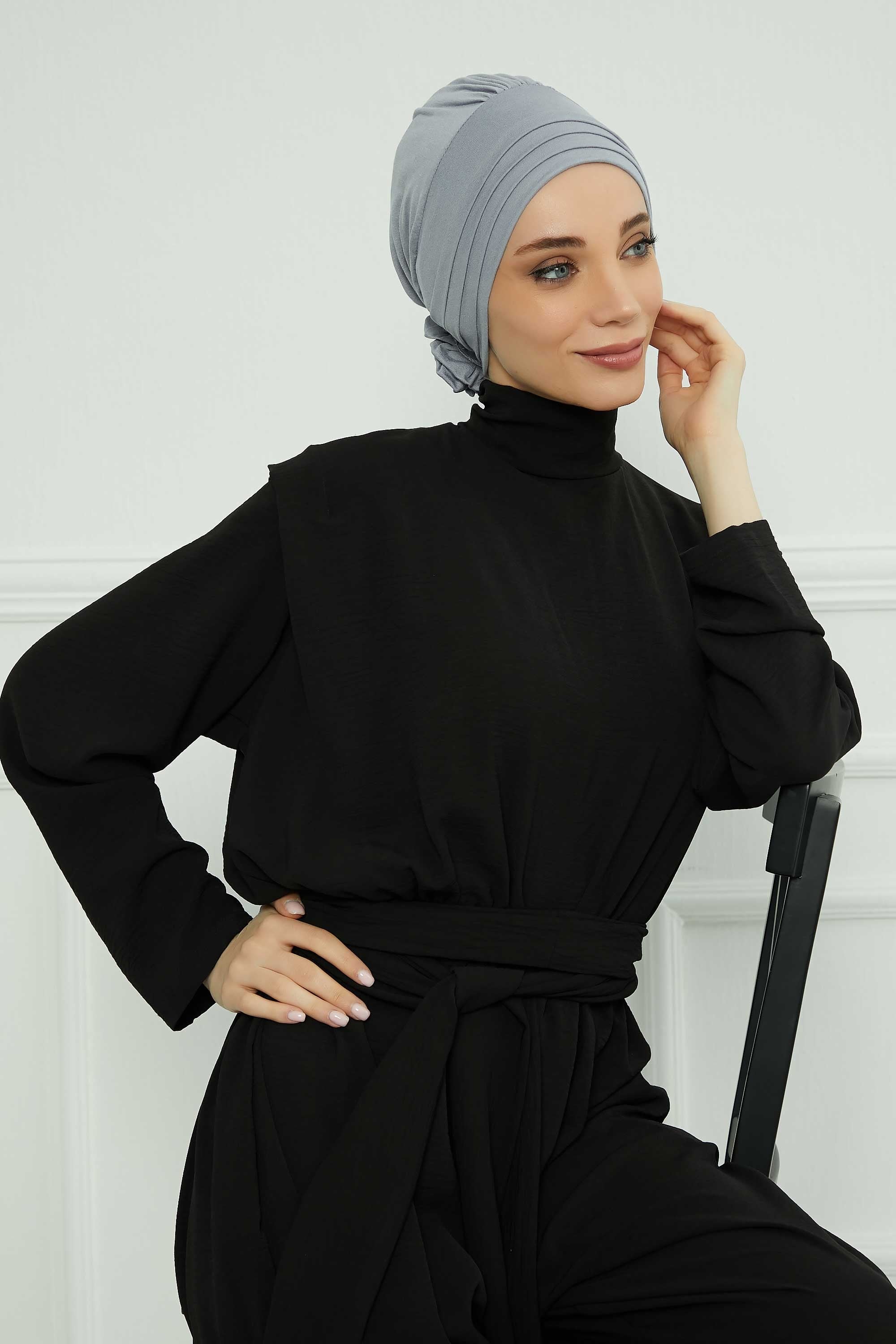 Pleated Instant Turban made from High Quality Combed Cotton, Comfortable Pre-Tied Turban Hijab, Flexible Chemo Cancer Bonnet Headwear,B-74 Grey 2