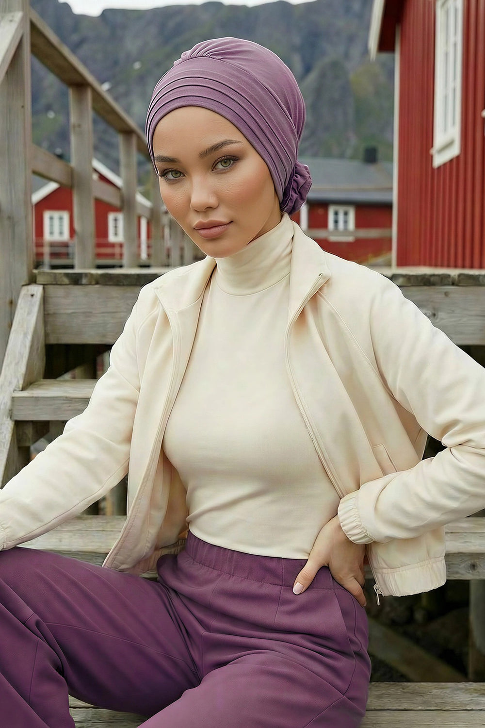 Pleated Instant Turban made from High Quality Combed Cotton, Comfortable Pre-Tied Turban Hijab, Flexible Chemo Cancer Bonnet Headwear,B-74 Purple 2