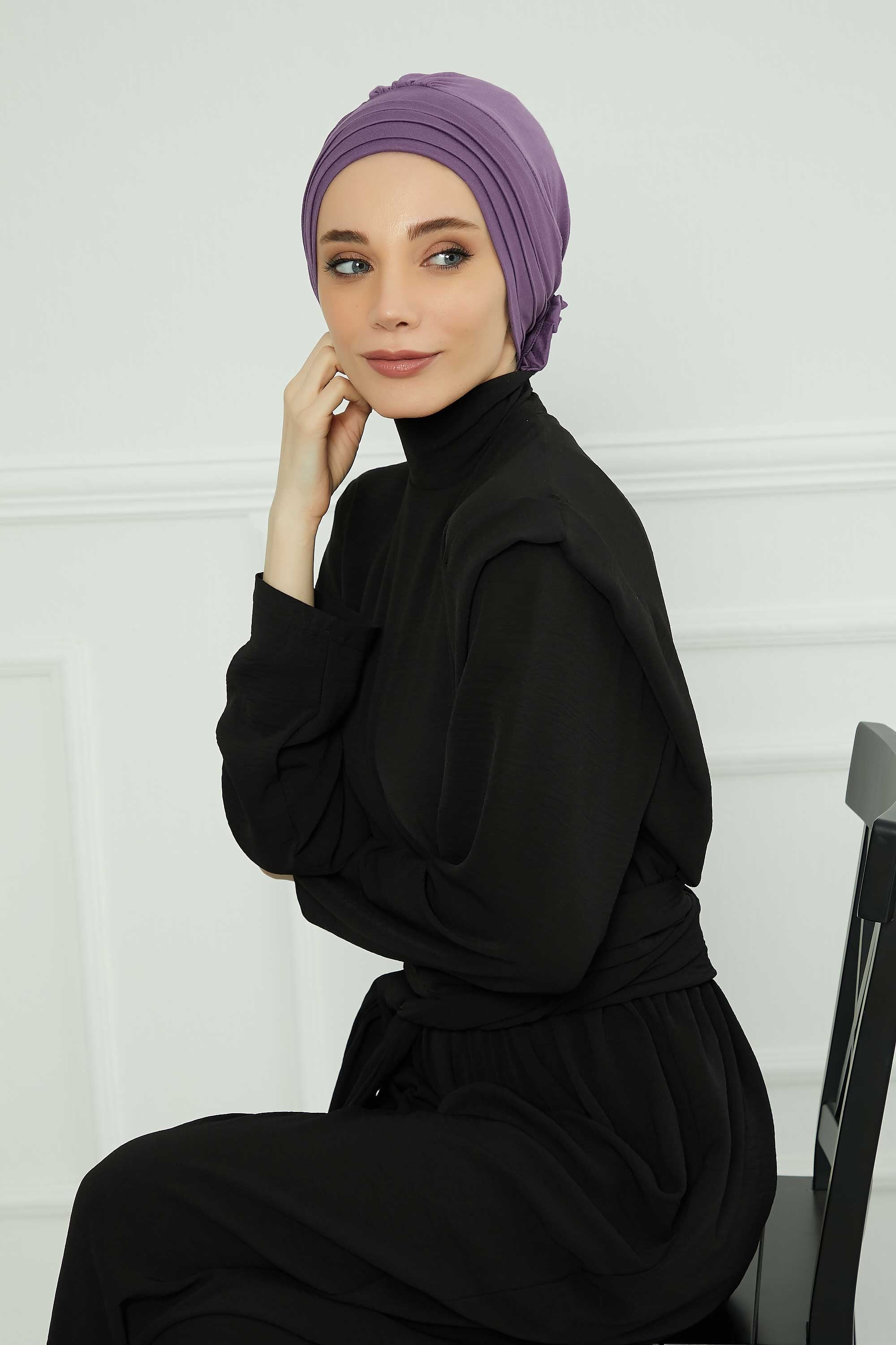Pleated Instant Turban made from High Quality Combed Cotton, Comfortable Pre-Tied Turban Hijab, Flexible Chemo Cancer Bonnet Headwear,B-74 Purple 2