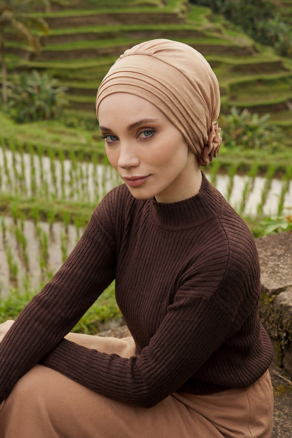 Pleated Instant Turban made from High Quality Combed Cotton, Comfortable Pre-Tied Turban Hijab, Flexible Chemo Cancer Bonnet Headwear,B-74 Sand Brown
