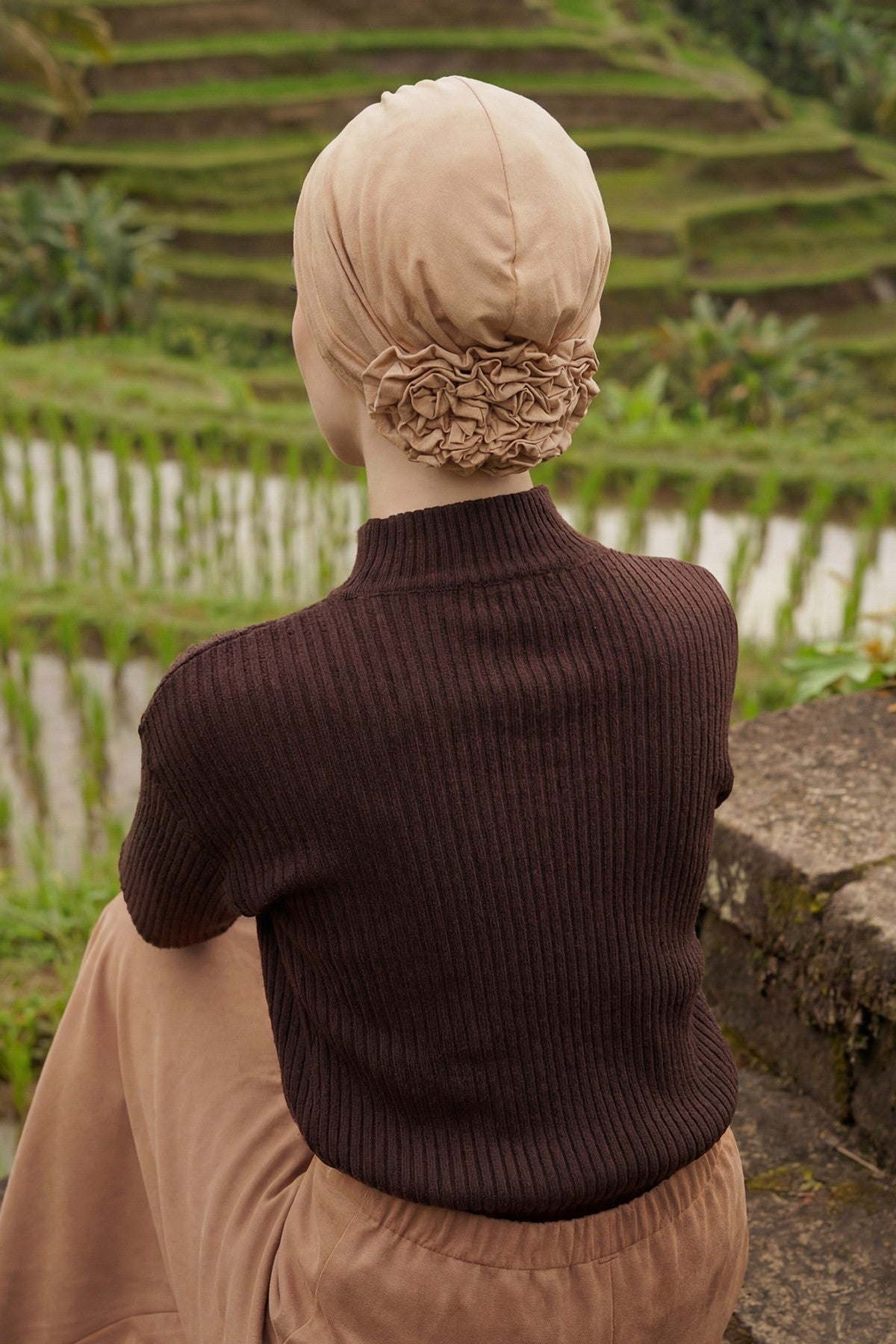 Pleated Instant Turban made from High Quality Combed Cotton, Comfortable Pre-Tied Turban Hijab, Flexible Chemo Cancer Bonnet Headwear,B-74 Sand Brown