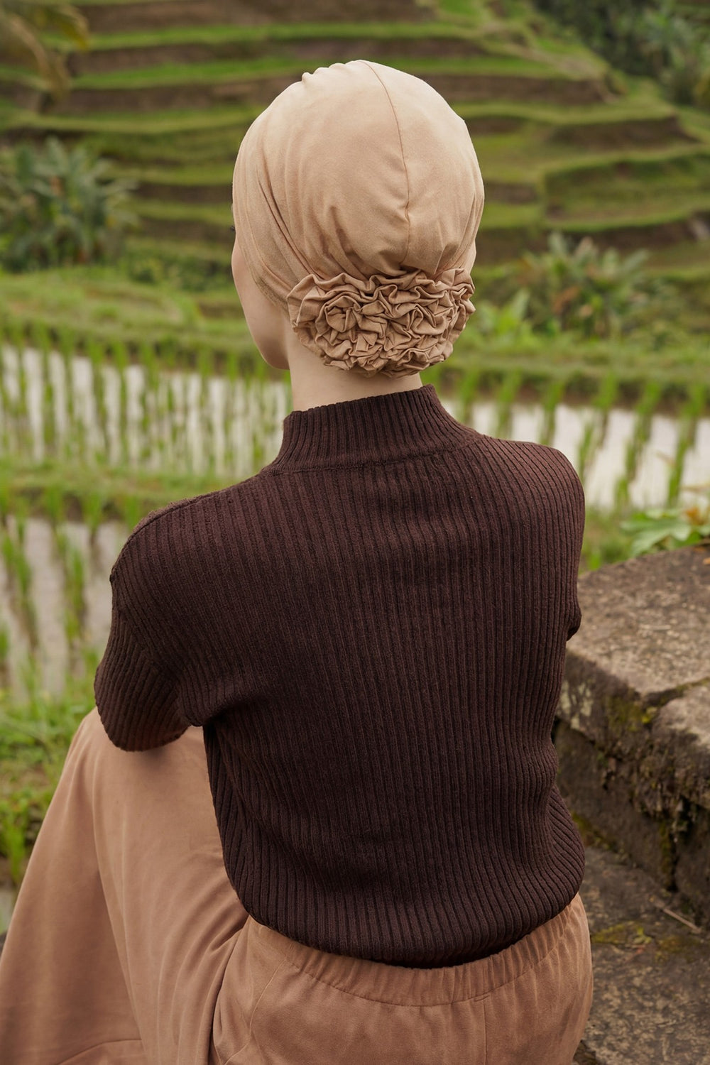 Pleated Instant Turban made from High Quality Combed Cotton, Comfortable Pre-Tied Turban Hijab, Flexible Chemo Cancer Bonnet Headwear,B-74 Sand Brown