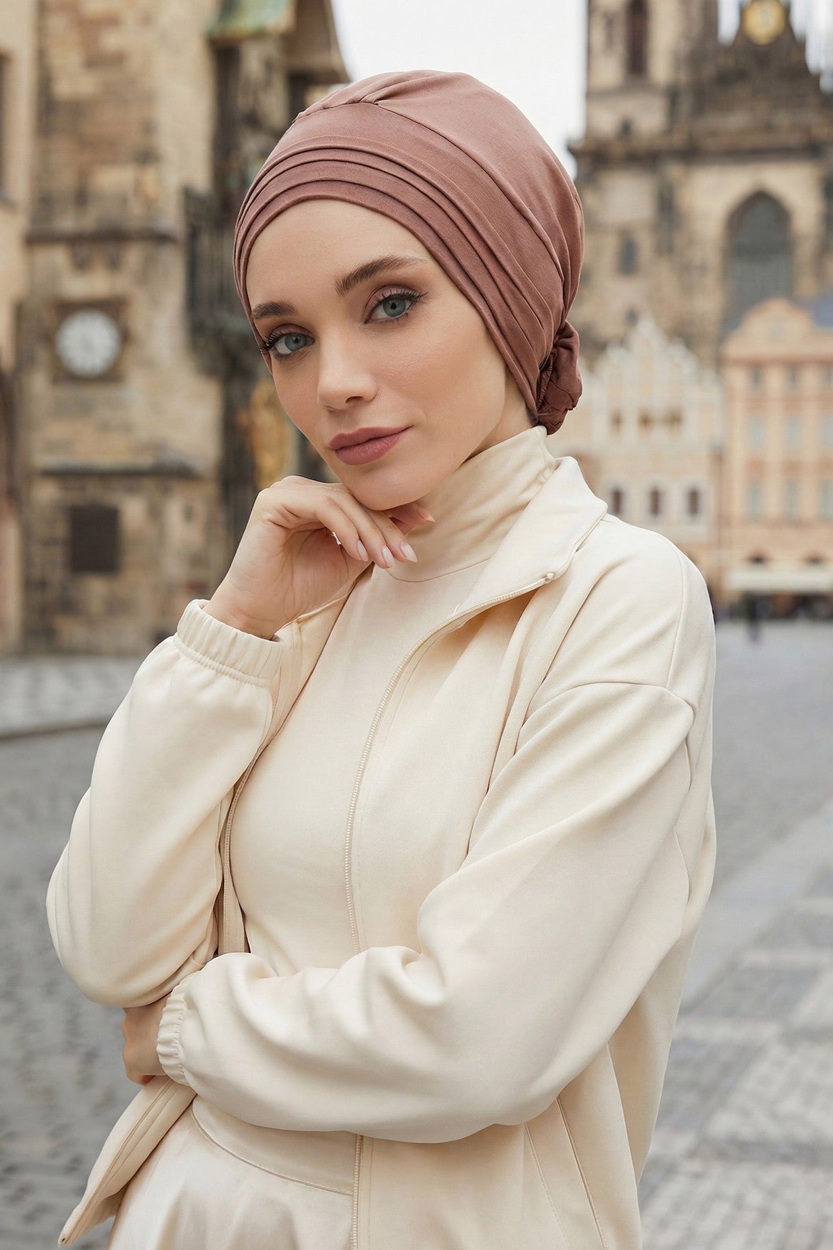 Pleated Instant Turban made from High Quality Combed Cotton, Comfortable Pre-Tied Turban Hijab, Flexible Chemo Cancer Bonnet Headwear,B-74 Caramel Brown