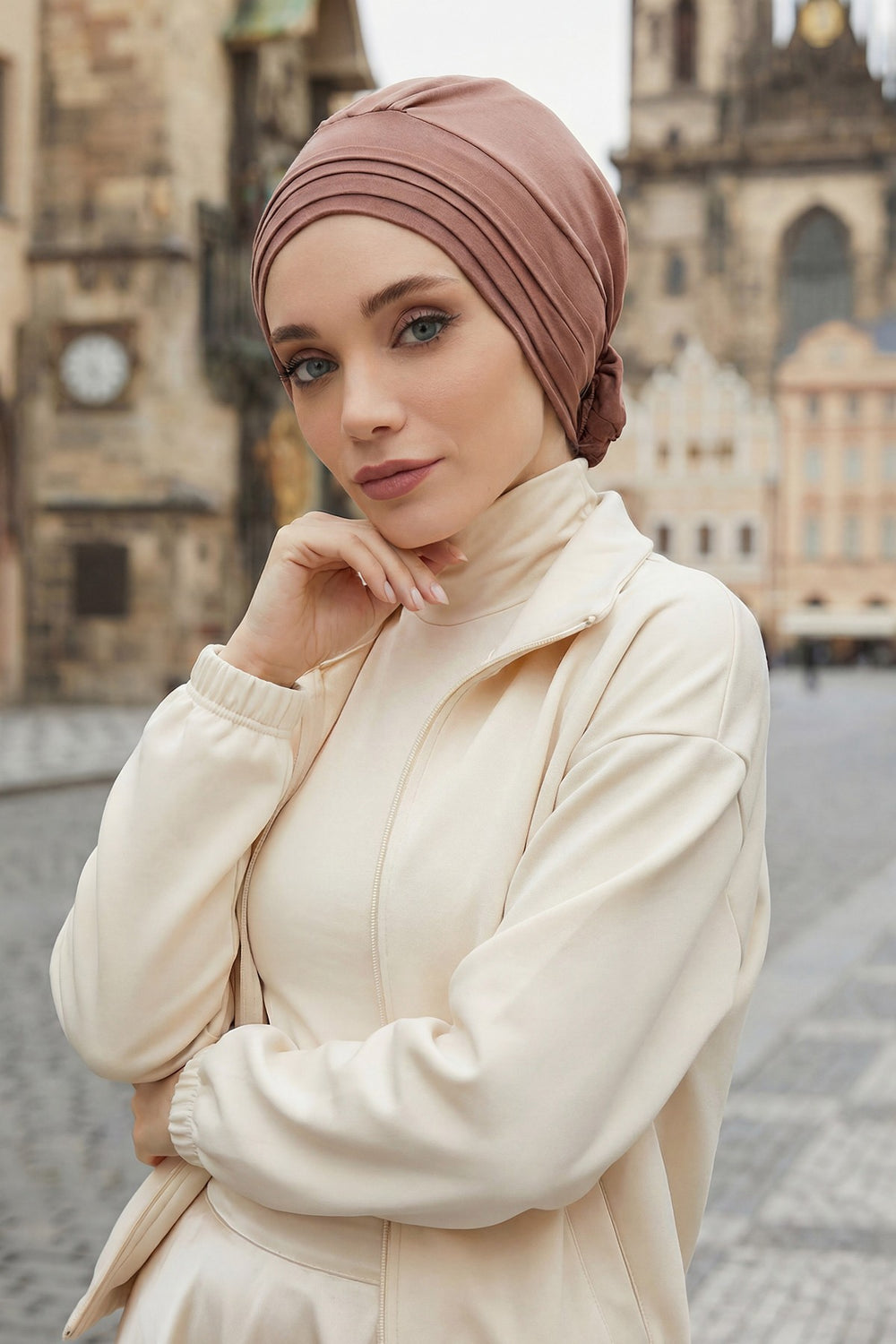 Pleated Instant Turban made from High Quality Combed Cotton, Comfortable Pre-Tied Turban Hijab, Flexible Chemo Cancer Bonnet Headwear,B-74 Caramel Brown