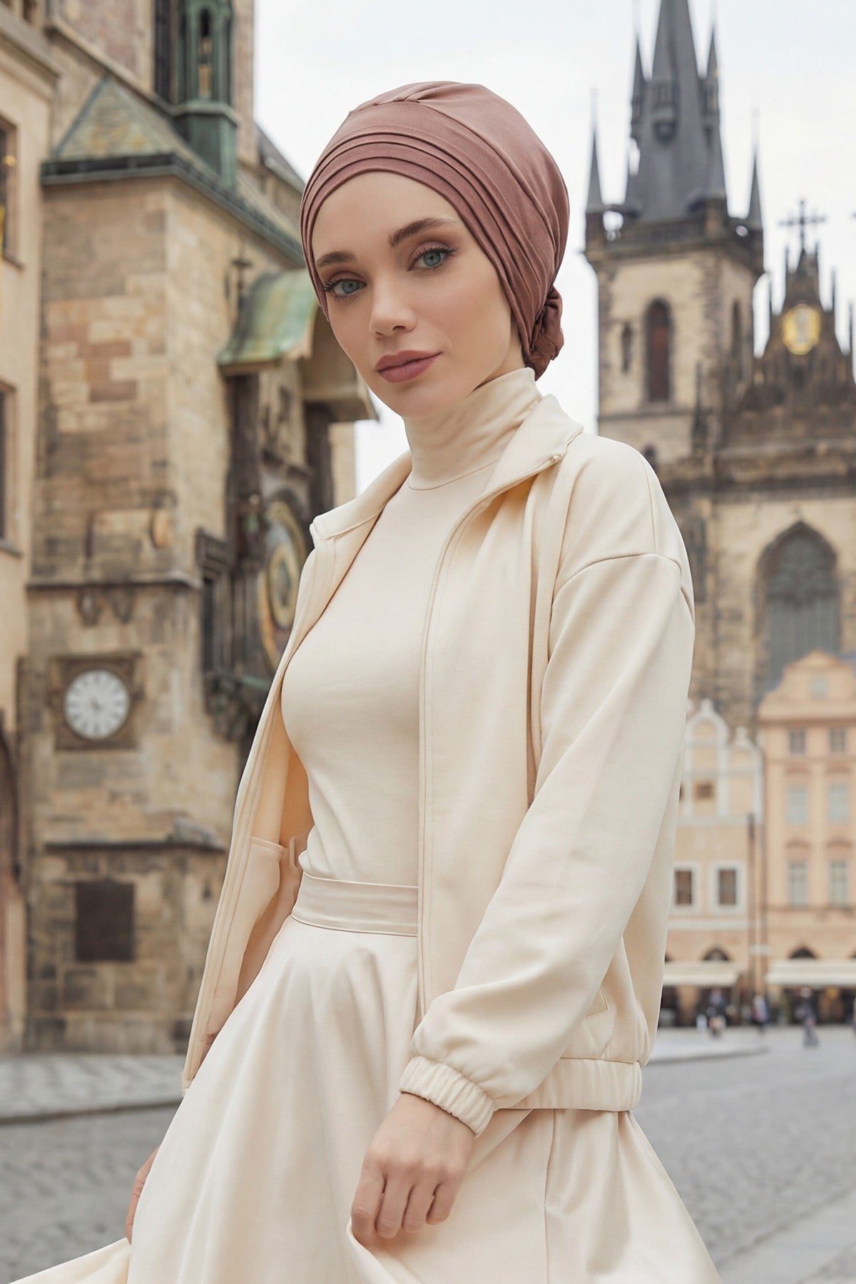 Pleated Instant Turban made from High Quality Combed Cotton, Comfortable Pre-Tied Turban Hijab, Flexible Chemo Cancer Bonnet Headwear,B-74 Caramel Brown