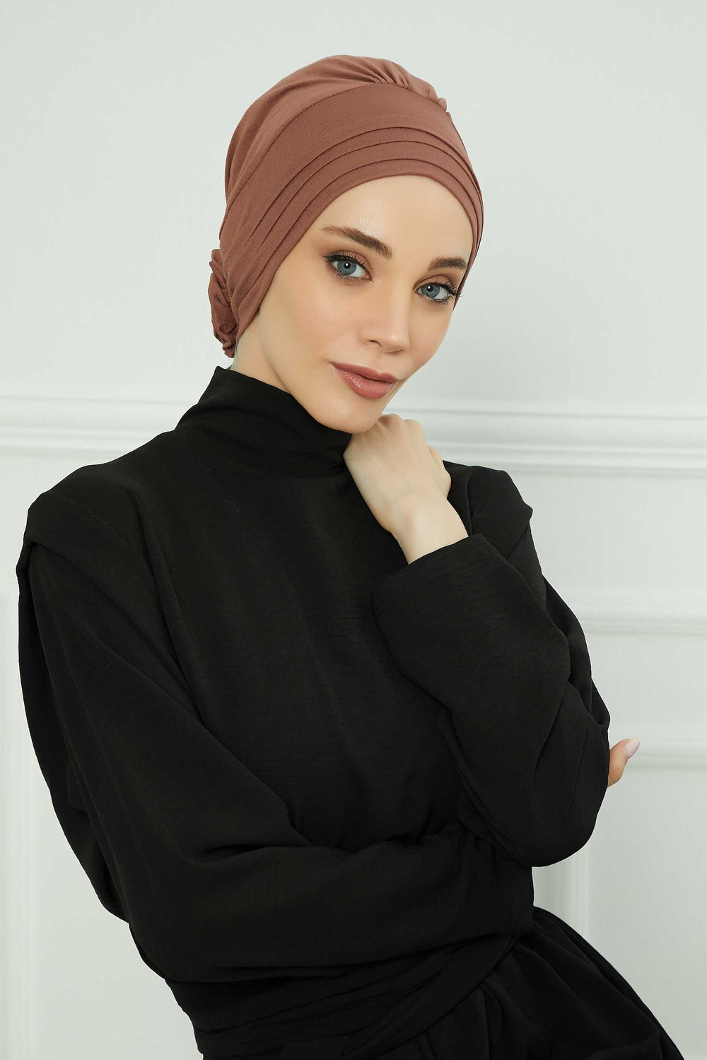 Pleated Instant Turban made from High Quality Combed Cotton, Comfortable Pre-Tied Turban Hijab, Flexible Chemo Cancer Bonnet Headwear,B-74 Caramel Brown