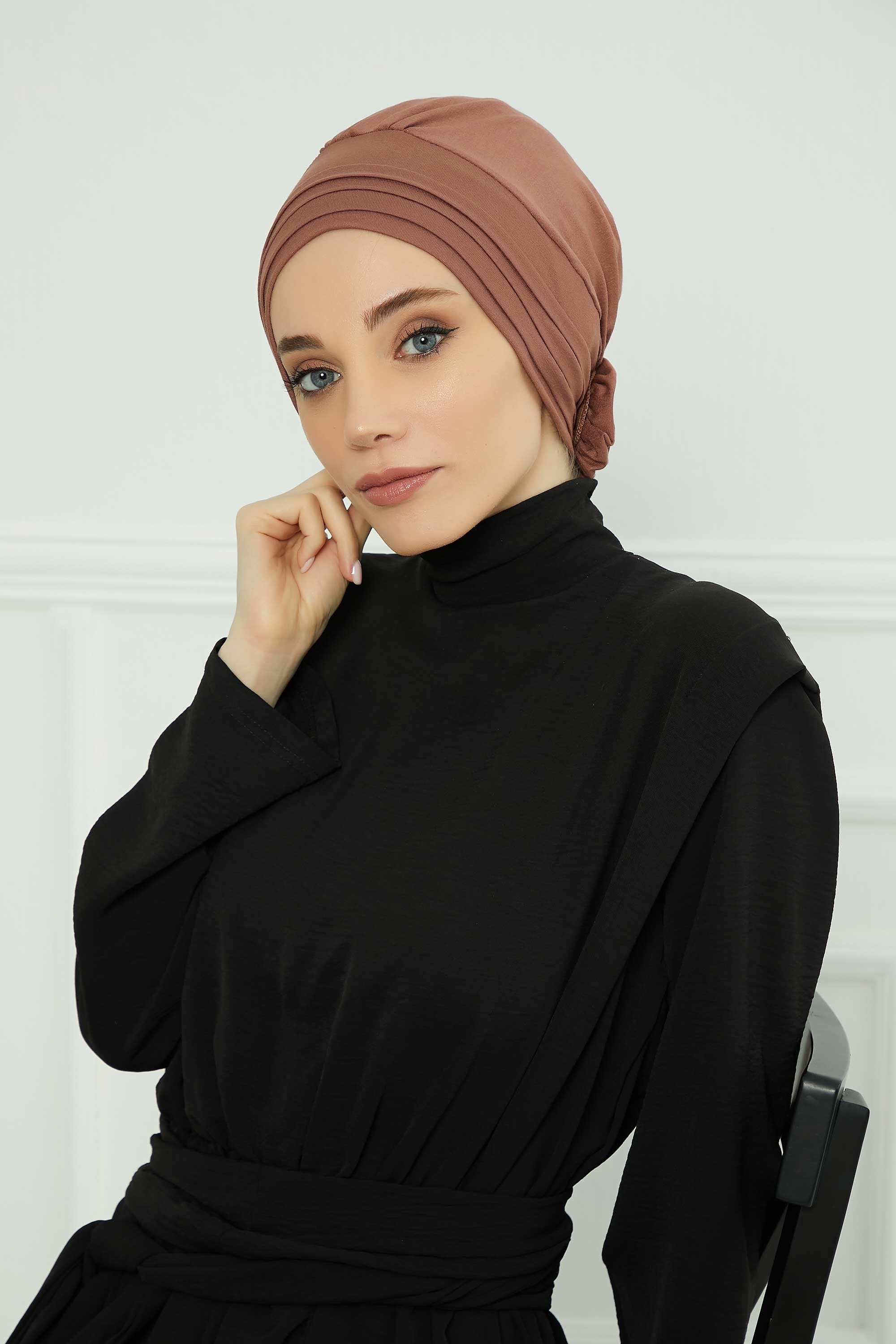 Pleated Instant Turban made from High Quality Combed Cotton, Comfortable Pre-Tied Turban Hijab, Flexible Chemo Cancer Bonnet Headwear,B-74 Caramel Brown
