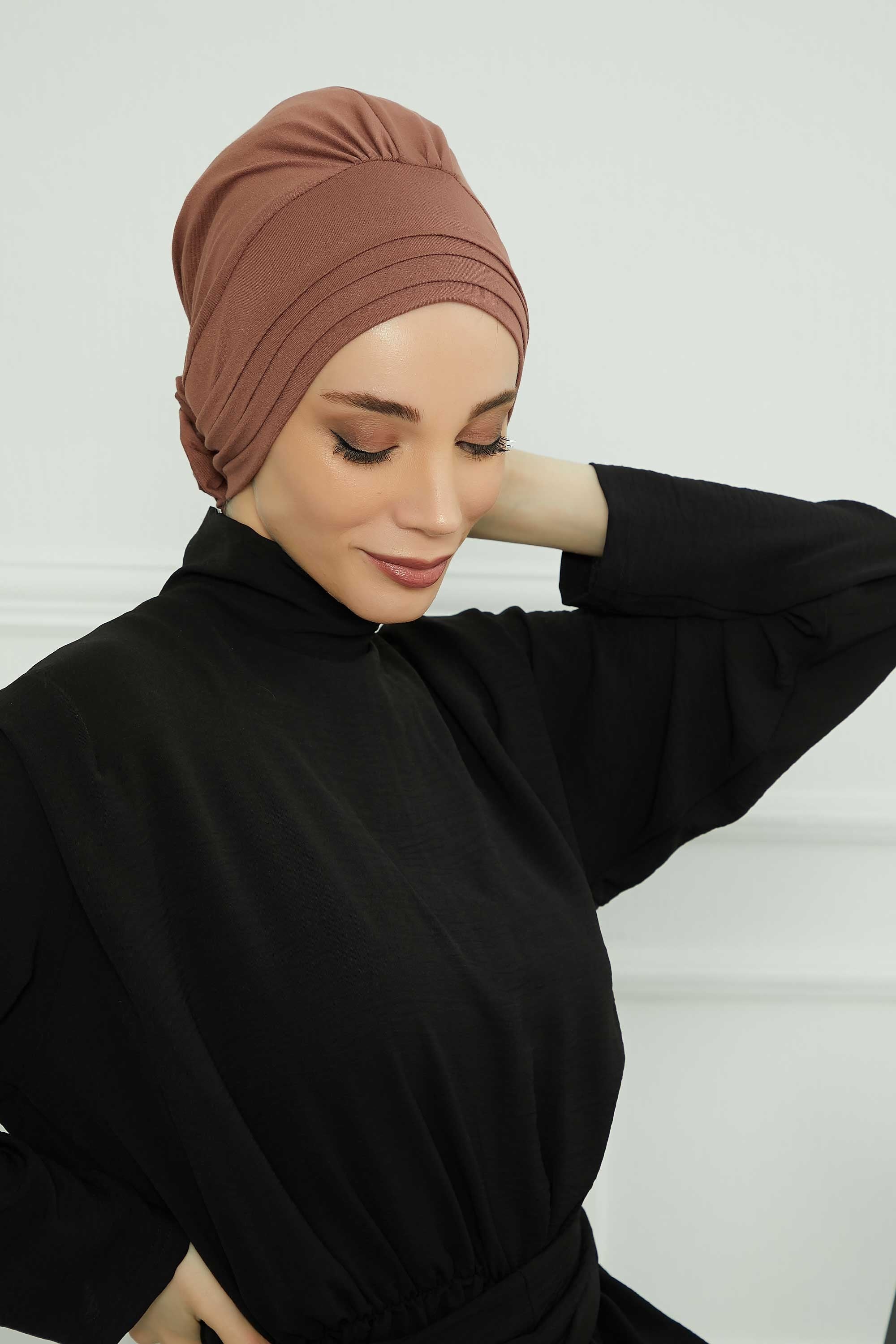 Pleated Instant Turban made from High Quality Combed Cotton, Comfortable Pre-Tied Turban Hijab, Flexible Chemo Cancer Bonnet Headwear,B-74 Caramel Brown