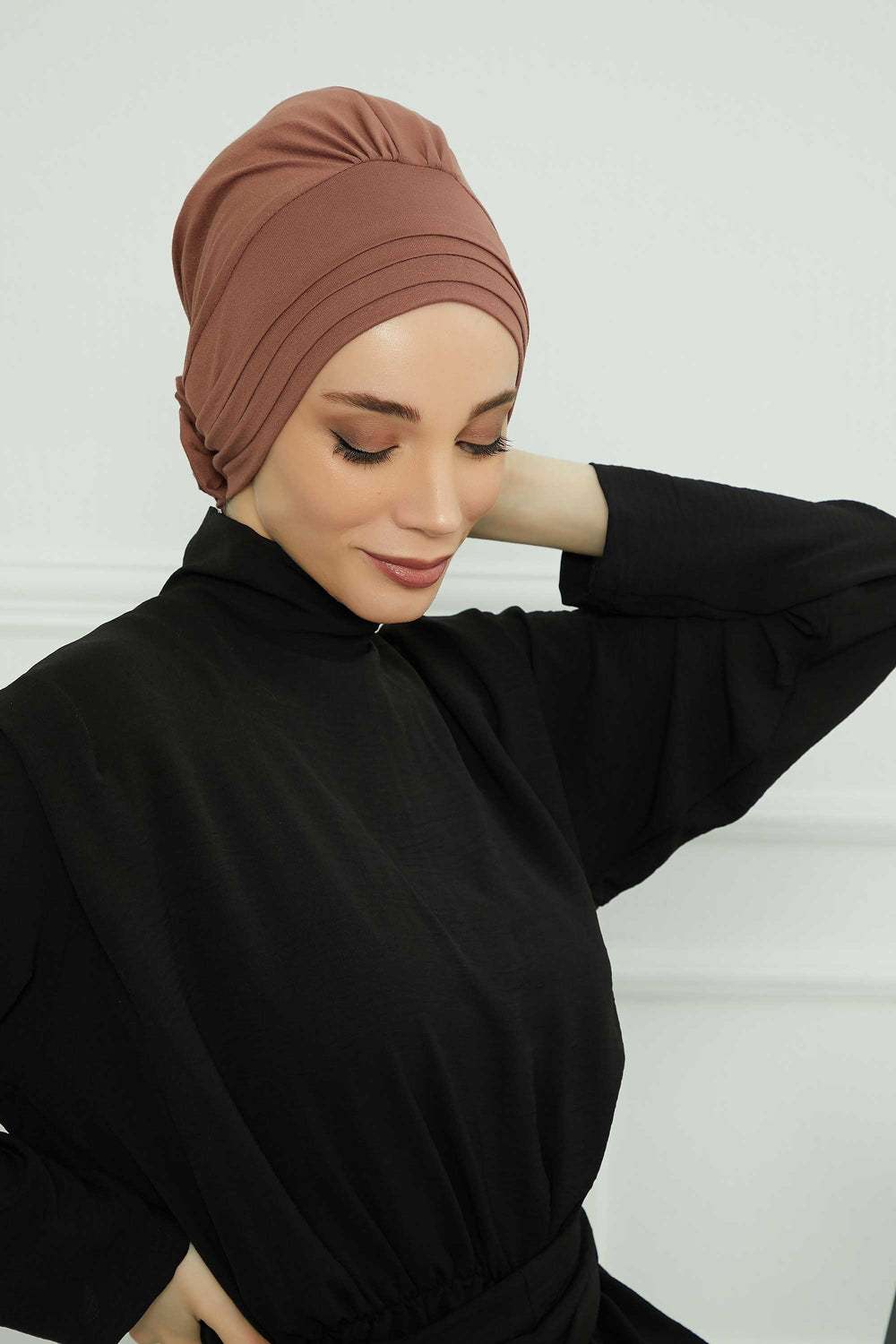 Pleated Instant Turban made from High Quality Combed Cotton, Comfortable Pre-Tied Turban Hijab, Flexible Chemo Cancer Bonnet Headwear,B-74 Caramel Brown