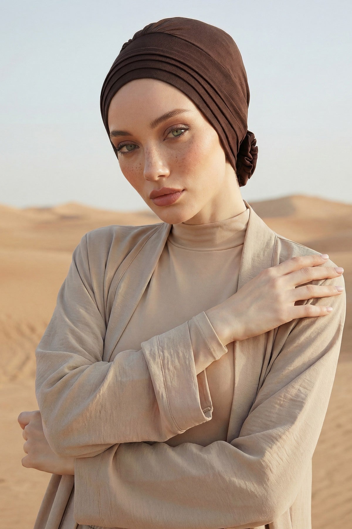 Pleated Instant Turban made from High Quality Combed Cotton, Comfortable Pre-Tied Turban Hijab, Flexible Chemo Cancer Bonnet Headwear,B-74 Brown