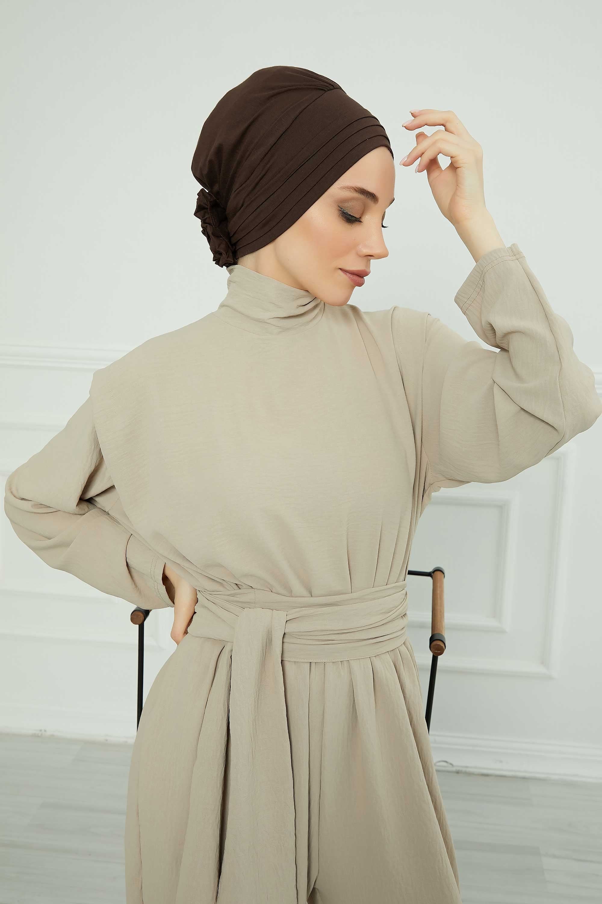 Pleated Instant Turban made from High Quality Combed Cotton, Comfortable Pre-Tied Turban Hijab, Flexible Chemo Cancer Bonnet Headwear,B-74 Brown