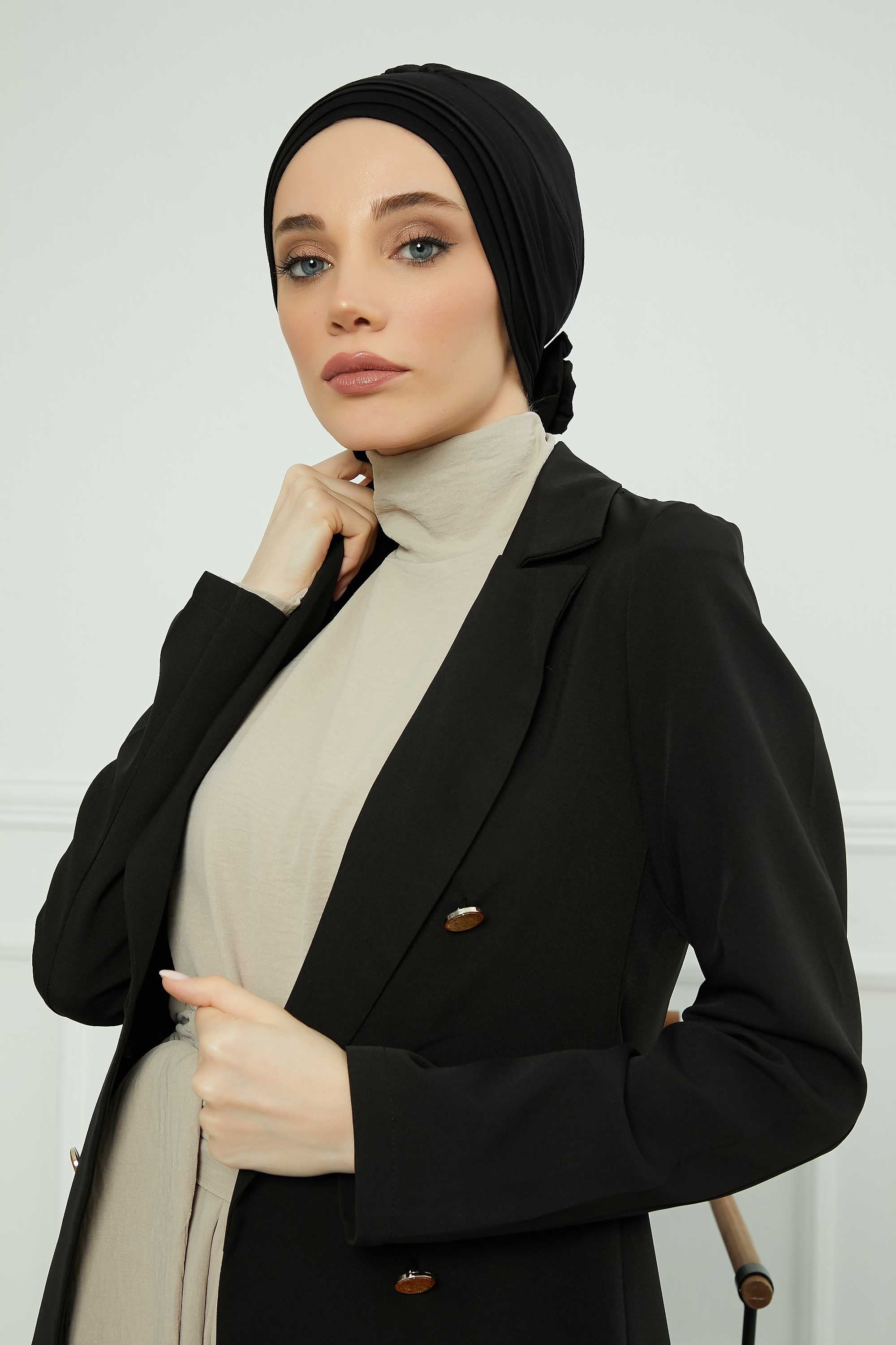 Pleated Instant Turban made from High Quality Combed Cotton, Comfortable Pre-Tied Turban Hijab, Flexible Chemo Cancer Bonnet Headwear,B-74 Black