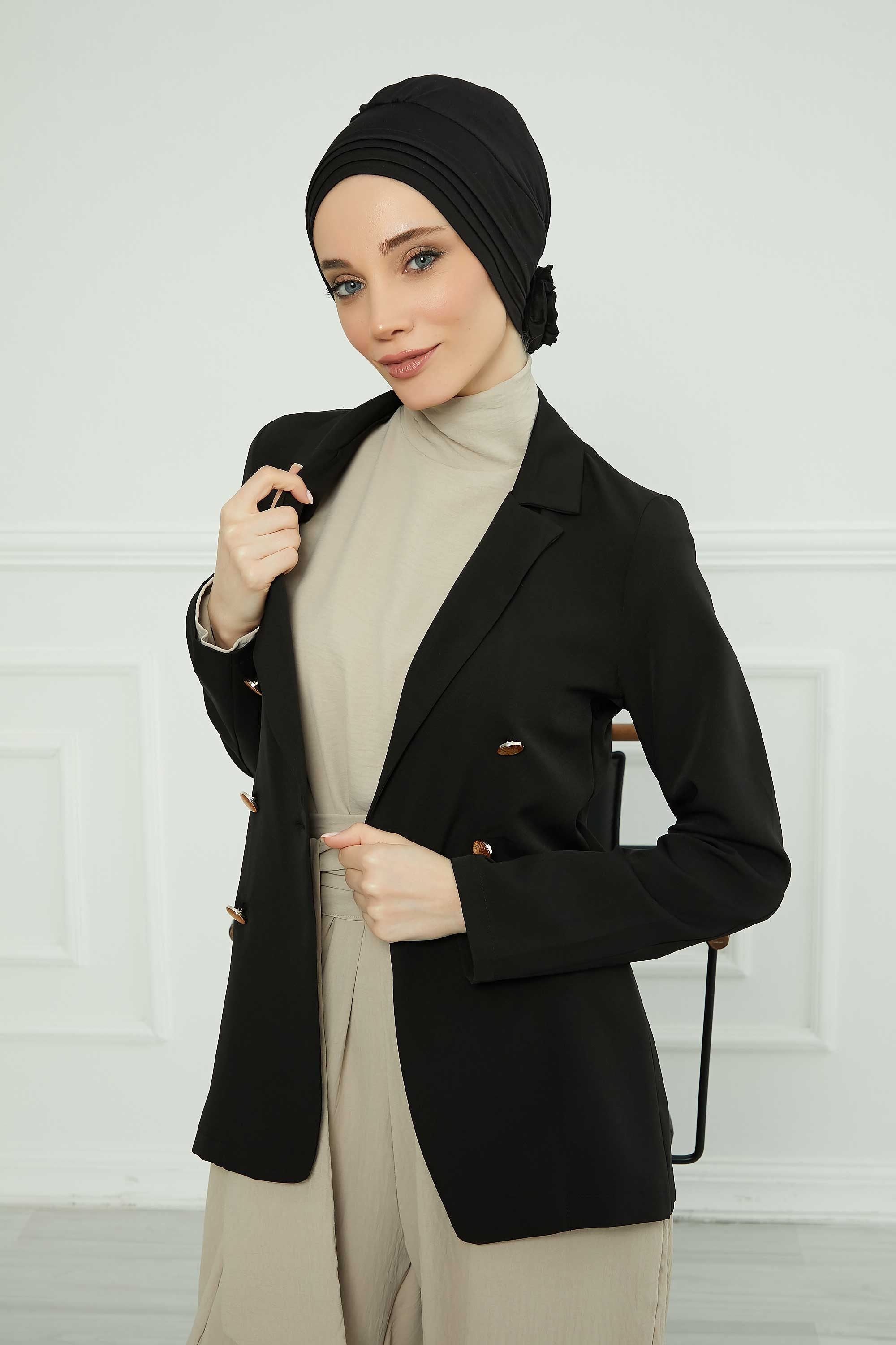 Pleated Instant Turban made from High Quality Combed Cotton, Comfortable Pre-Tied Turban Hijab, Flexible Chemo Cancer Bonnet Headwear,B-74 Black