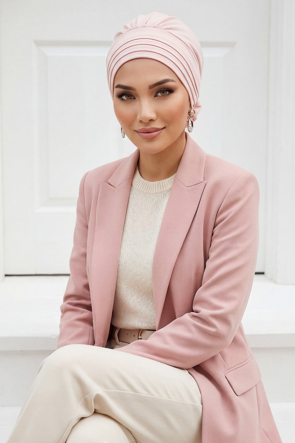 Pleated Instant Turban made from High Quality Combed Cotton, Comfortable Pre-Tied Turban Hijab, Flexible Chemo Cancer Bonnet Headwear,B-74 Powder
