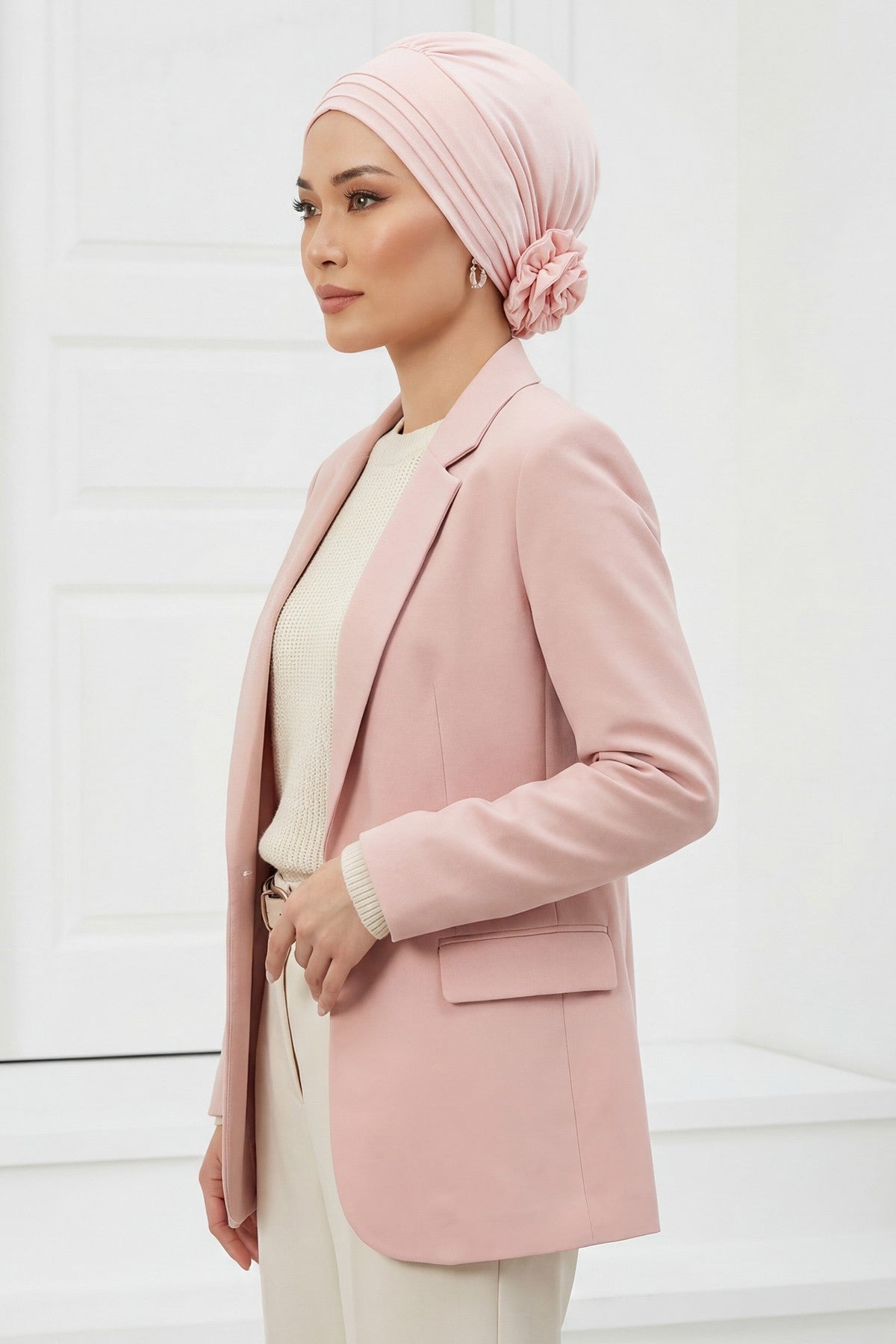 Pleated Instant Turban made from High Quality Combed Cotton, Comfortable Pre-Tied Turban Hijab, Flexible Chemo Cancer Bonnet Headwear,B-74 Powder