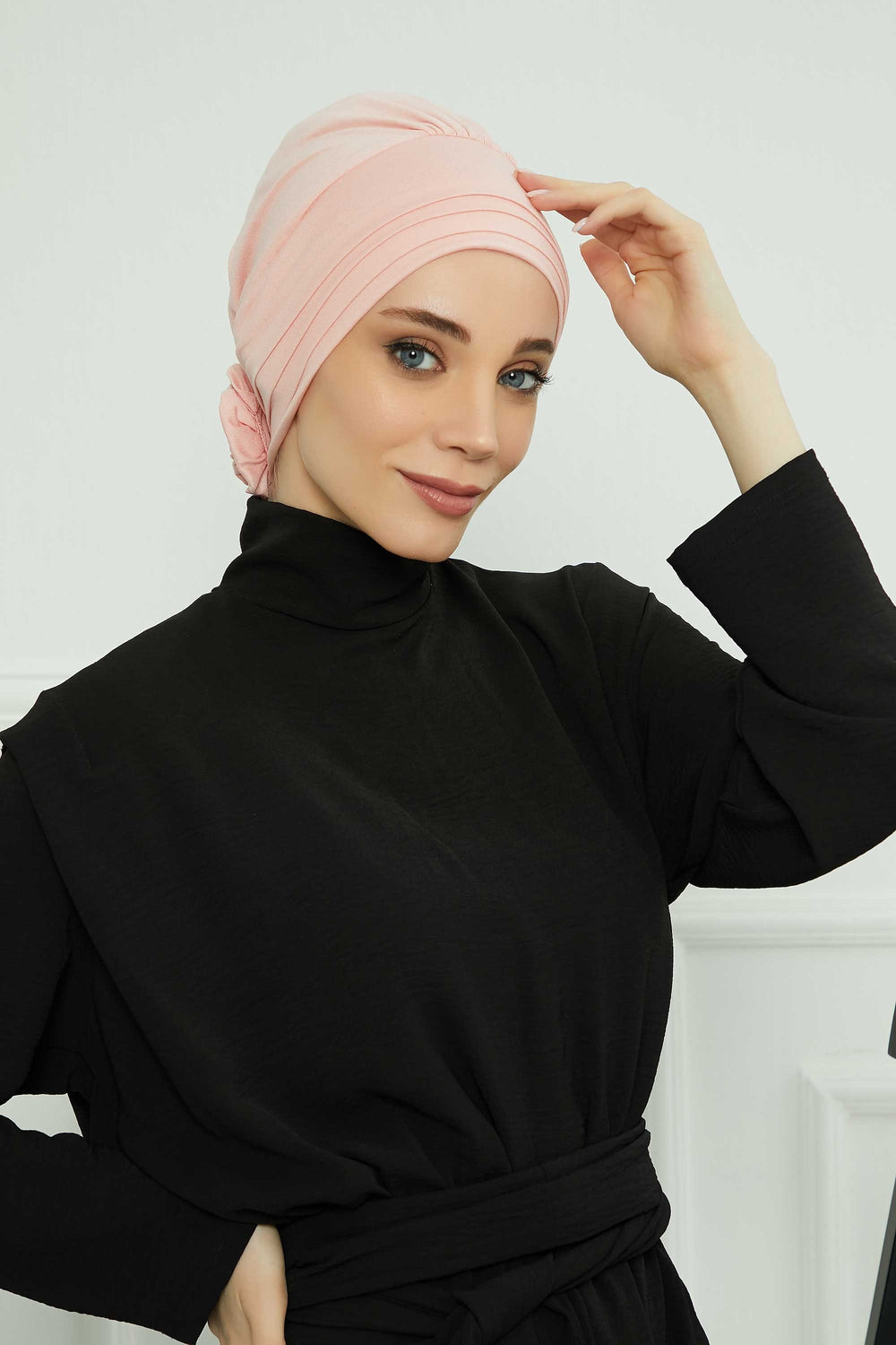 Pleated Instant Turban made from High Quality Combed Cotton, Comfortable Pre-Tied Turban Hijab, Flexible Chemo Cancer Bonnet Headwear,B-74 Powder