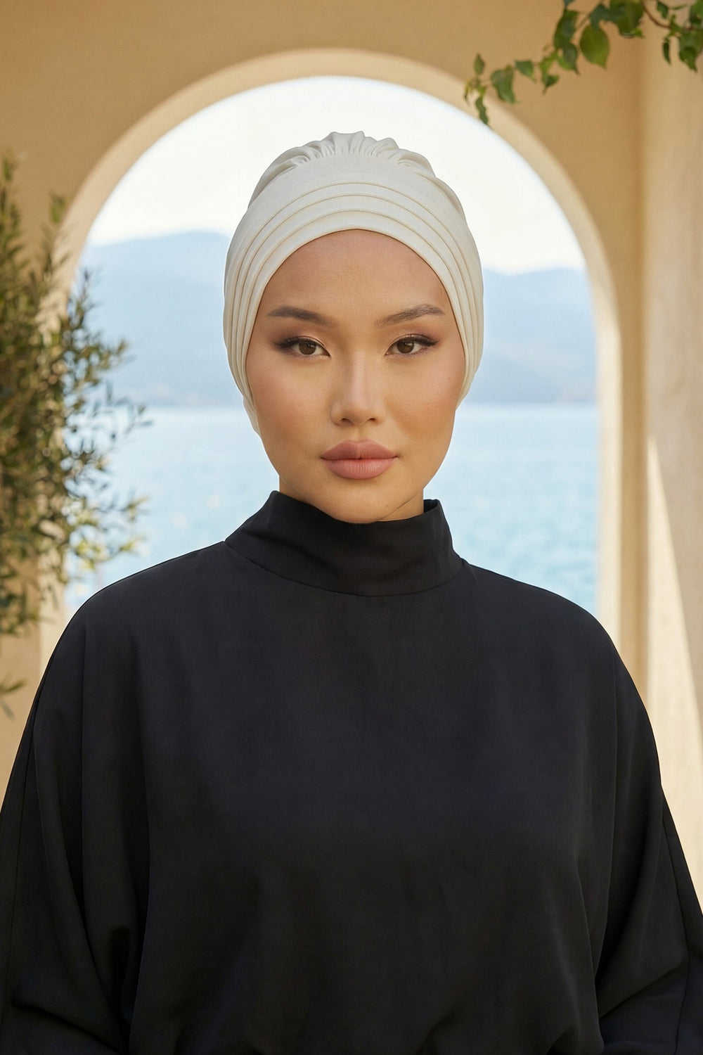 Pleated Instant Turban made from High Quality Combed Cotton, Comfortable Pre-Tied Turban Hijab, Flexible Chemo Cancer Bonnet Headwear,B-74 Ivory