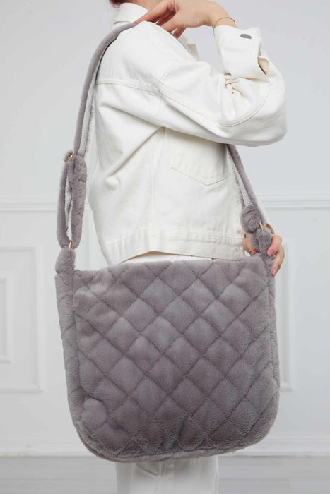 Plush and Zippered Shoulder Bag with Diamond Patterned Design, Large Casual Plush Women Shoulder Bag, Comfortable Casual Women Bag,C-41