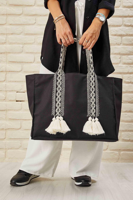 Polyamide Canvas Hand Shoulder Tote Bag with Tassels Casual Daily Bag Large Capacity Shopping Bag,C-15