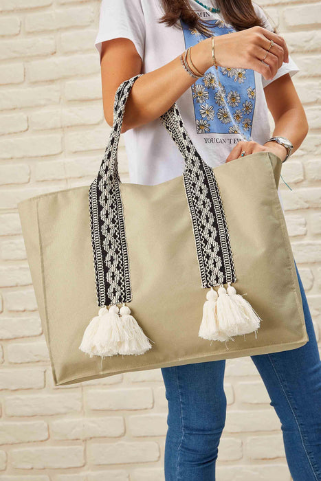 Polyamide Canvas Hand Shoulder Tote Bag with Tassels Casual Daily Bag Large Capacity Shopping Bag,C-15