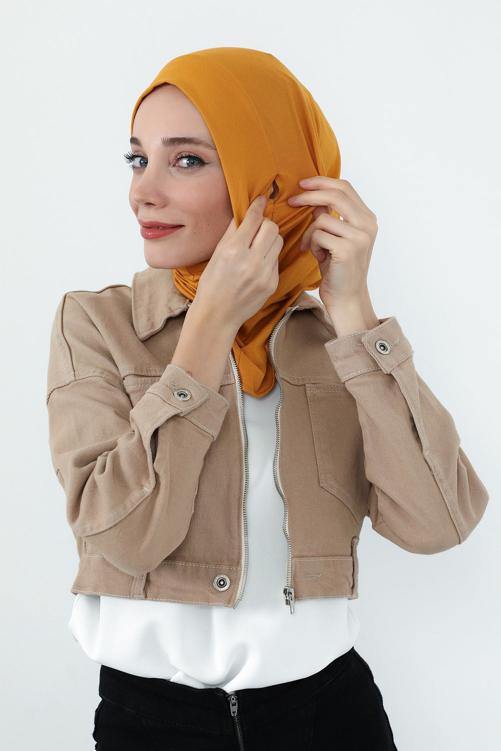 Practical Cotton Bonnet with Built-In Neck Cover and Ear Access, Full-Coverage Hijab Bonnet with Ear Access Points,BE-TG-B-94 Mustard Yellow