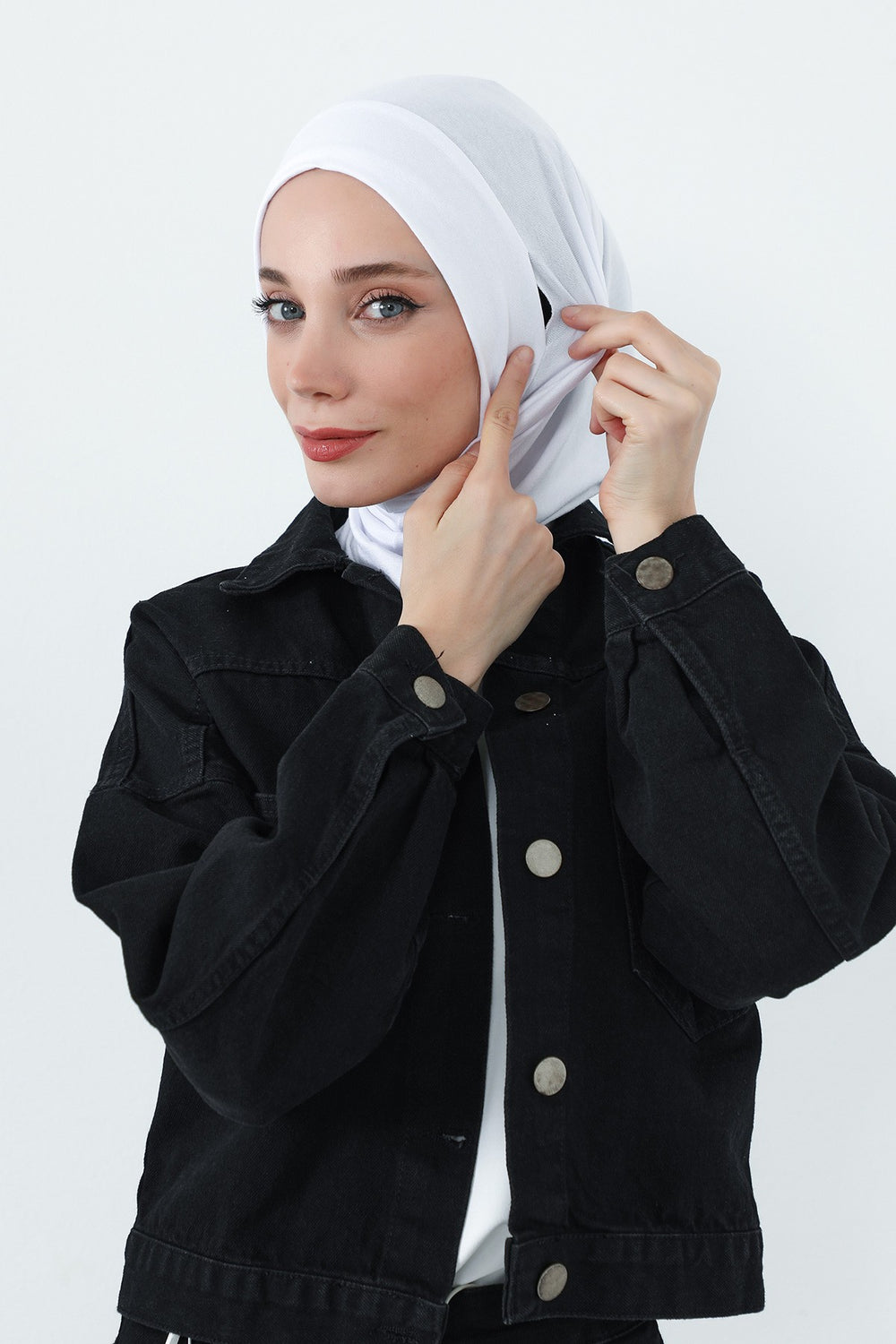 Practical Cotton Bonnet with Built-In Neck Cover and Ear Access, Full-Coverage Hijab Bonnet with Ear Access Points,BE-TG-B-94 White