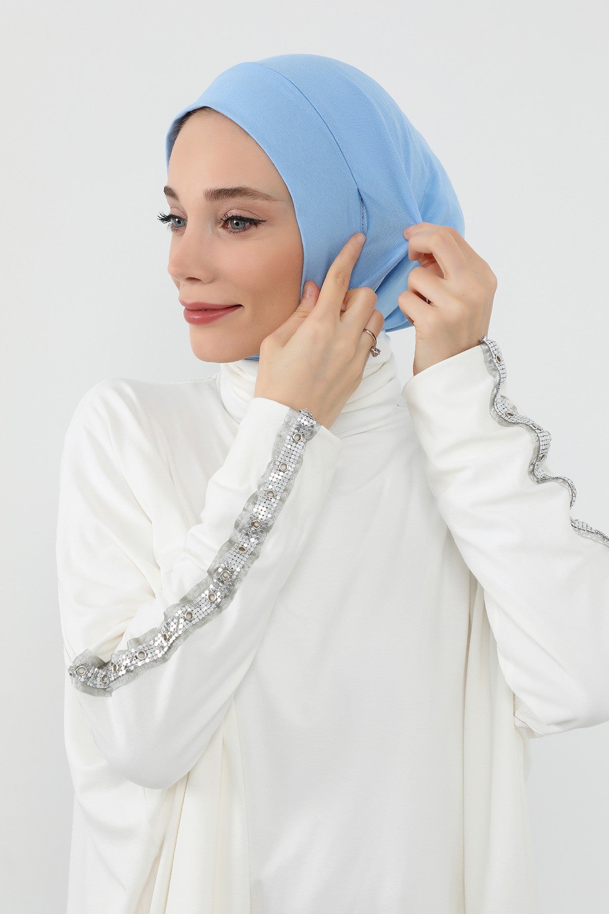 Practical Cotton Bonnet with Built-In Neck Cover and Ear Access, Full-Coverage Hijab Bonnet with Ear Access Points,BE-TG-B-94 Blue