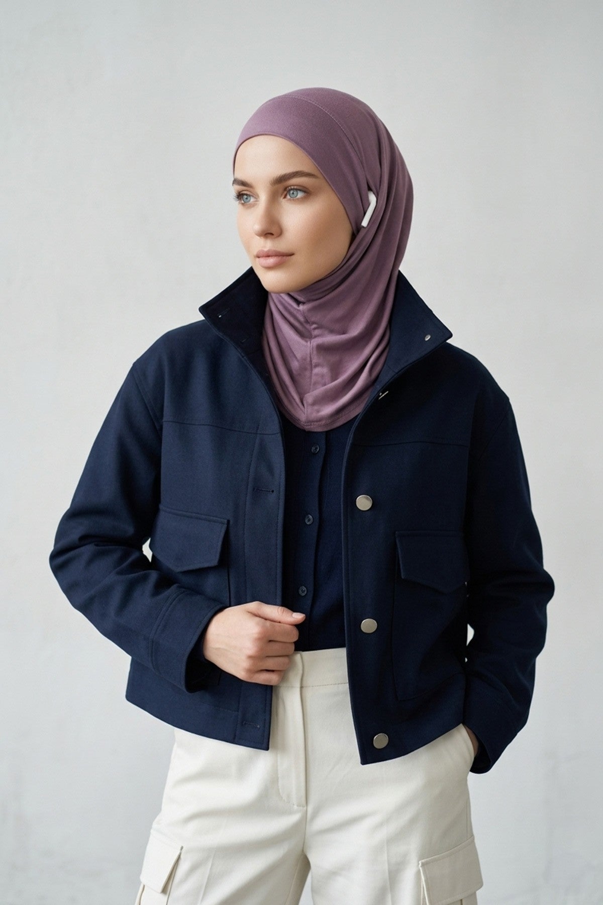 Practical Cotton Bonnet with Built-In Neck Cover and Ear Access, Full-Coverage Hijab Bonnet with Ear Access Points,BE-TG-B-94 Lilac