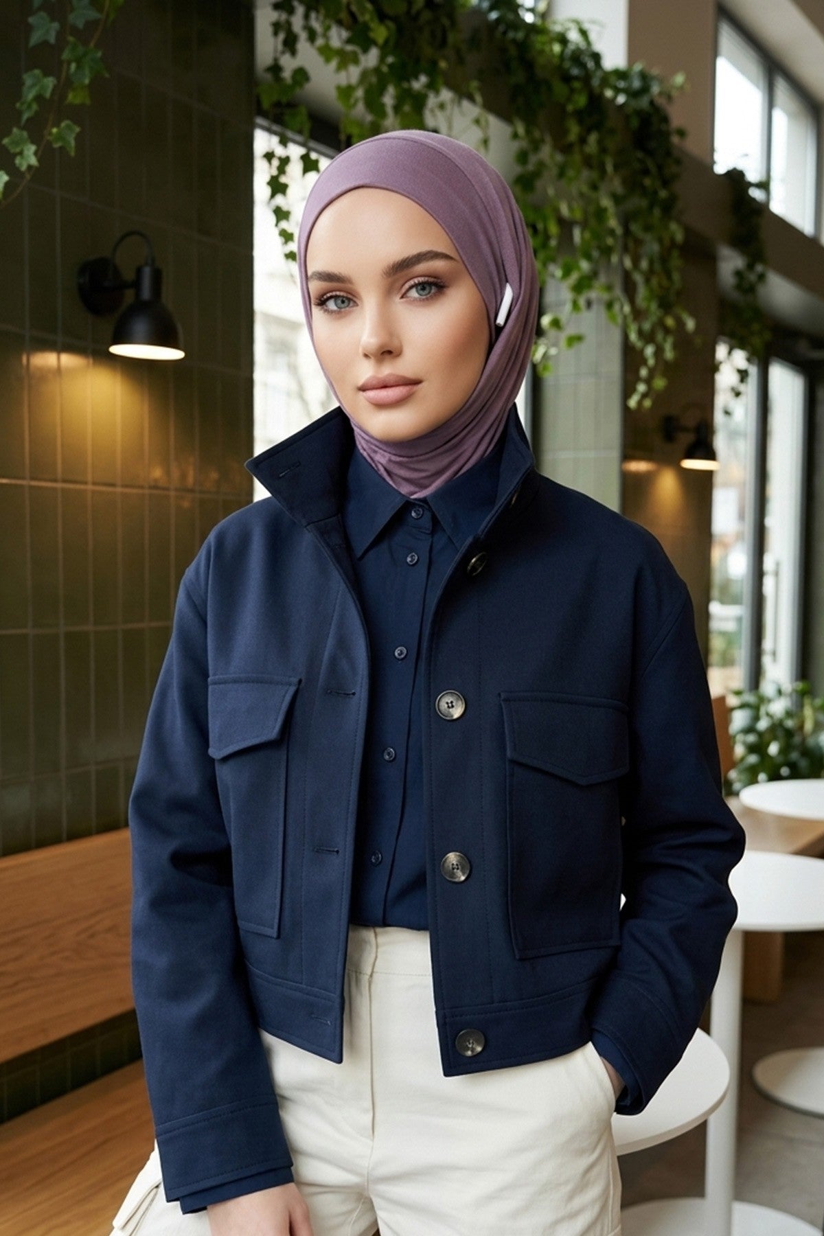 Practical Cotton Bonnet with Built-In Neck Cover and Ear Access, Full-Coverage Hijab Bonnet with Ear Access Points,BE-TG-B-94 Lilac